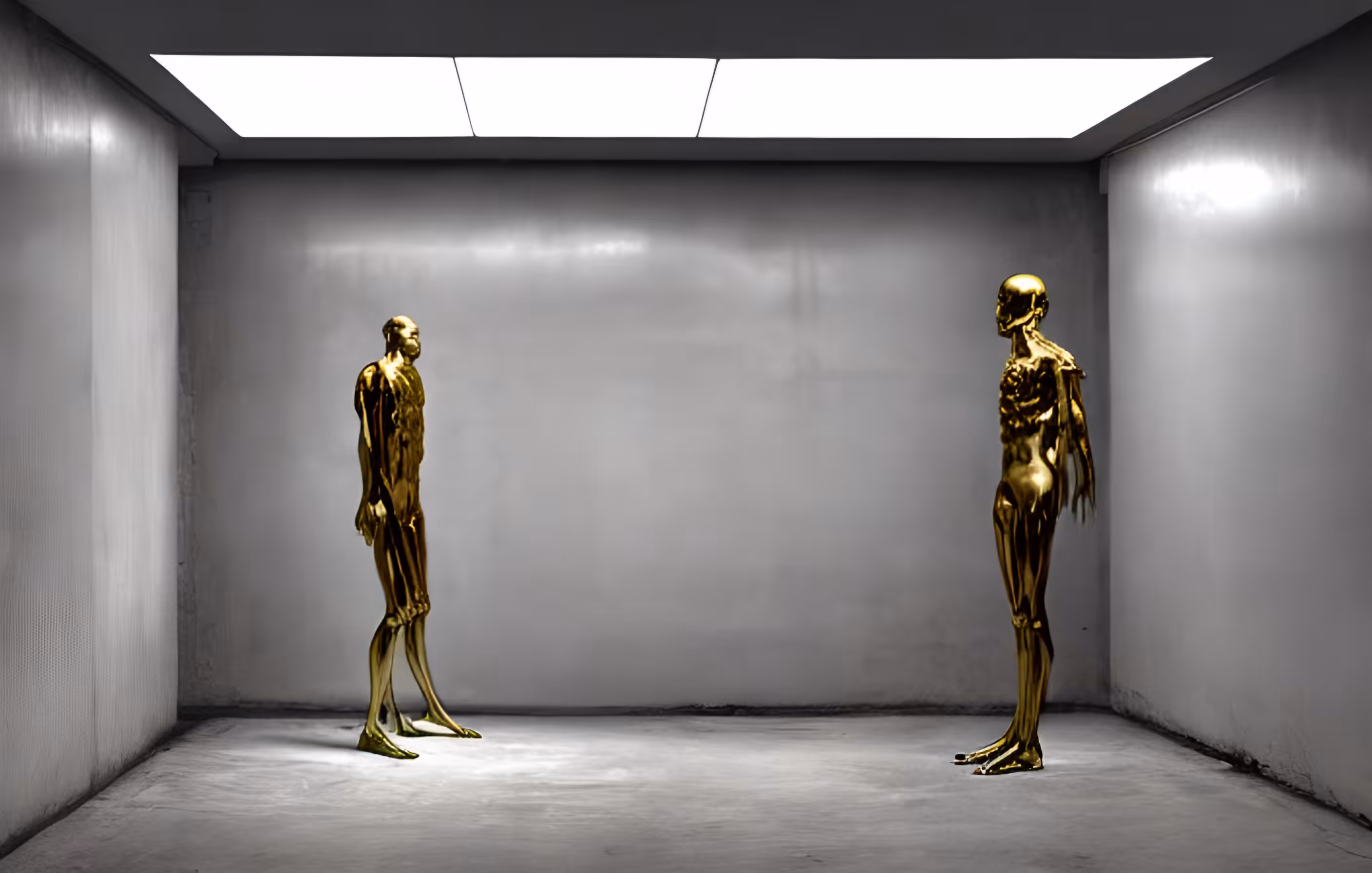 Two golden humanoids in a windowless room.