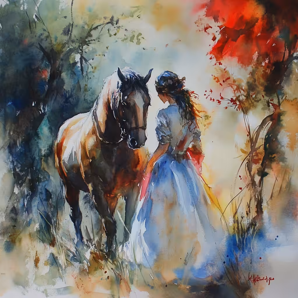 watercolor painting of a girl and a horse