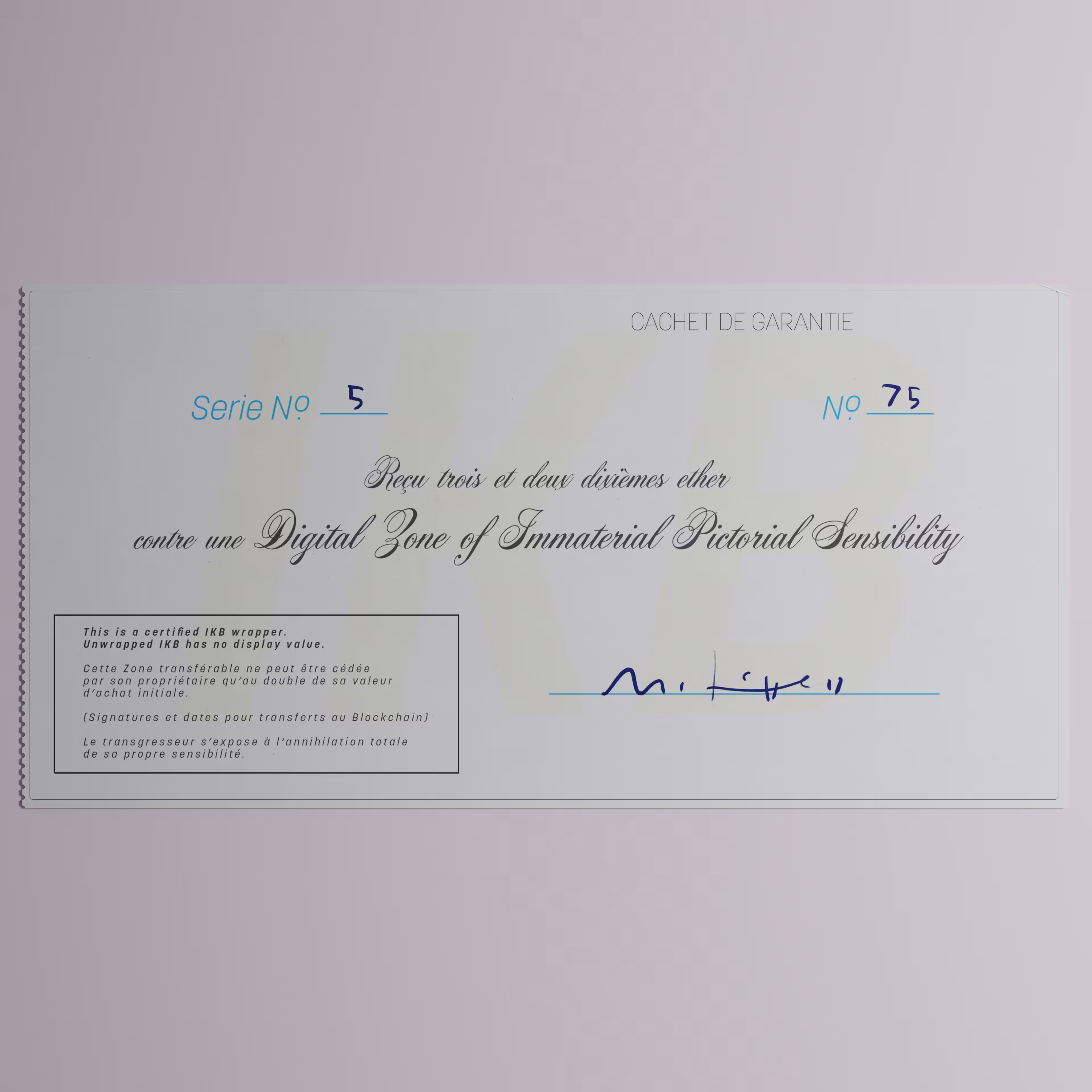 Digital Zone of Immaterial Pictorial Sensibility, Series 5, Edition 75. (Wrapped)