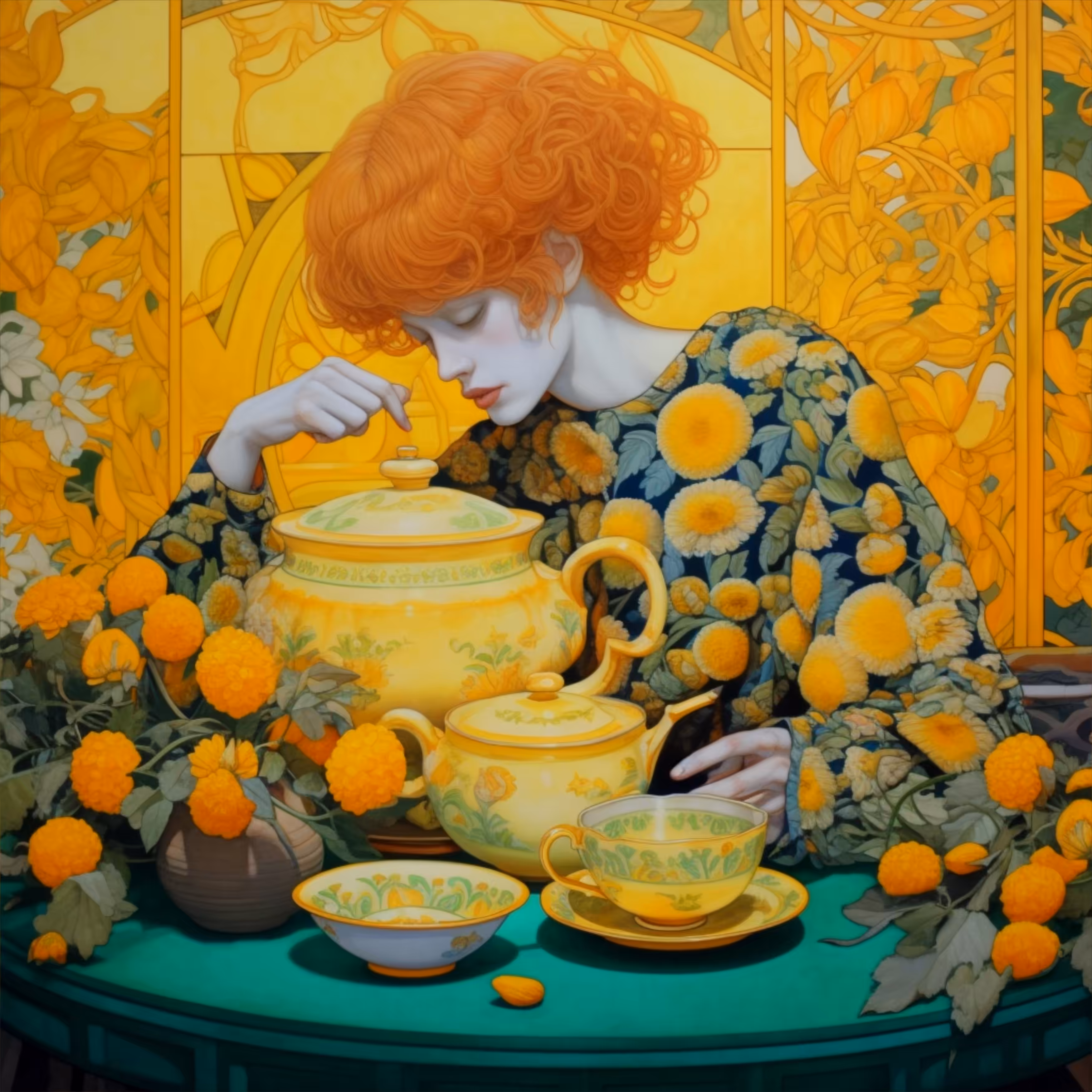 Open Editions: Orange flowers. Yellow teapot. Green table