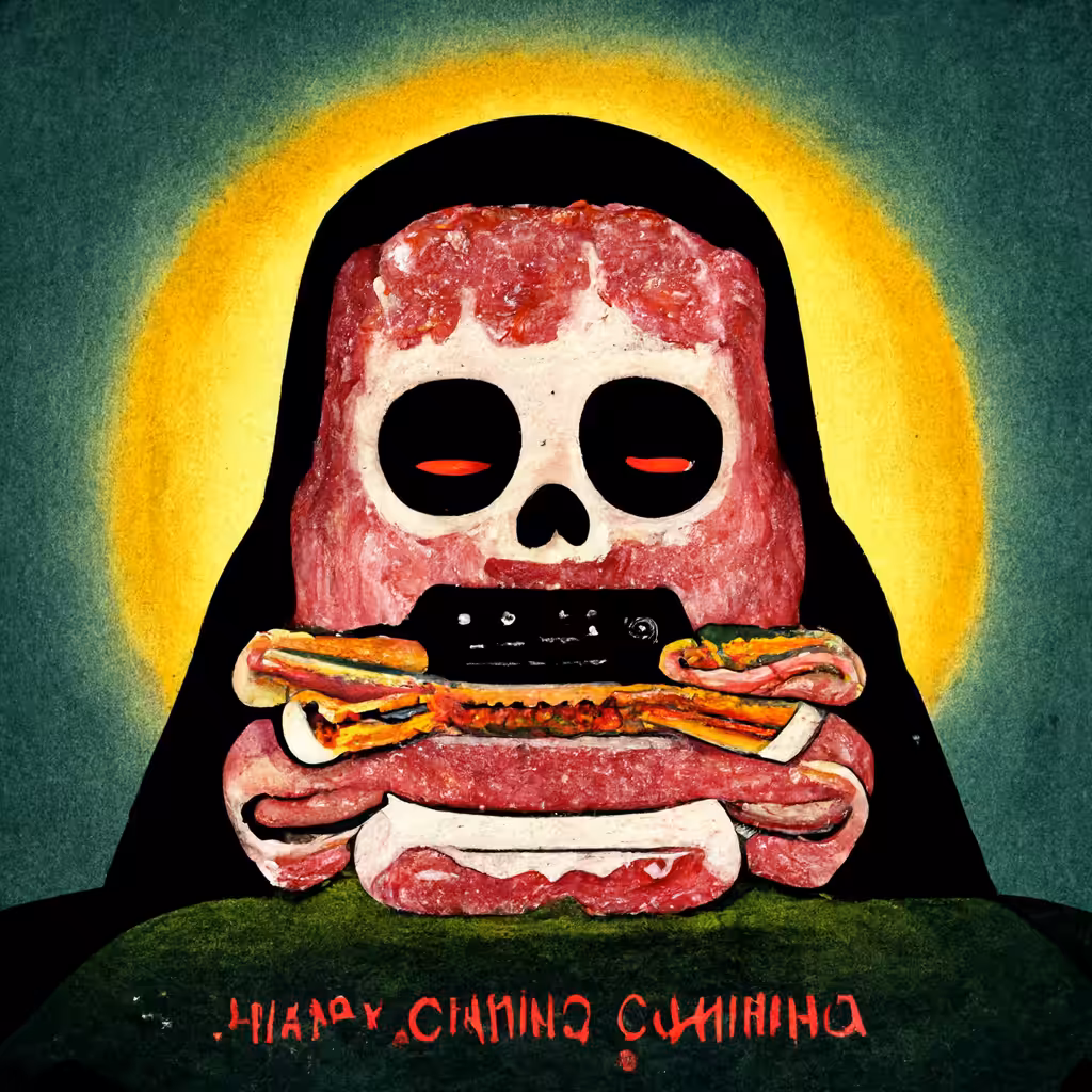 Shining death eating a choripan listening to happy cumbia