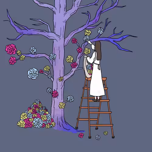 Mai's Sketch: Girl pasting flowers #0008