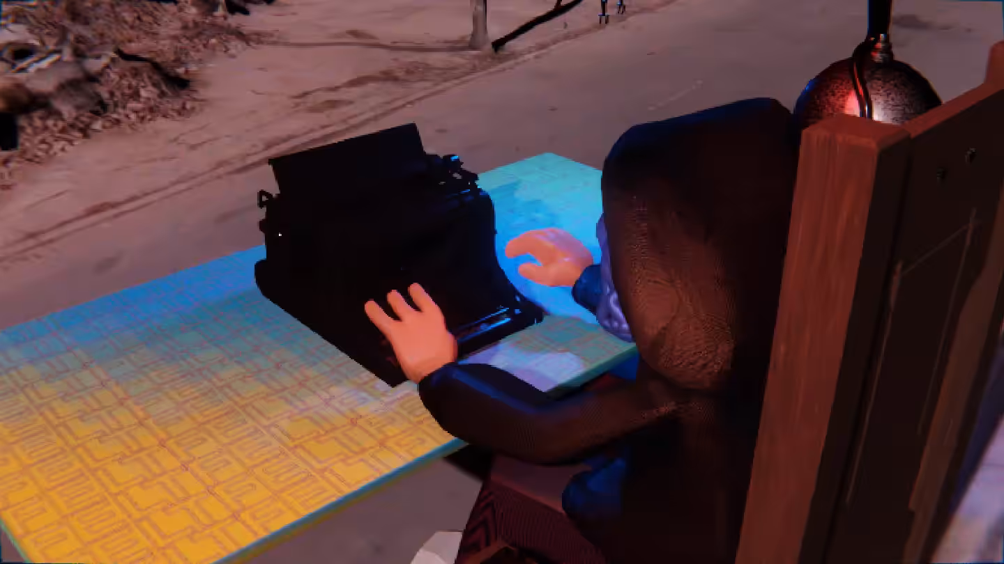 Desktop #86: The Hacker in the Electric Chair With a Drone and a Typewriter on a Green FELT Zine Table in Conflict