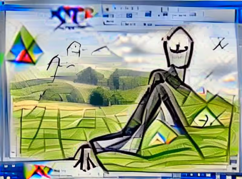 Abraham's First Works: triangle shaped man with big eyes and stick figure arms and legs resting in the windows xp desktop background hills