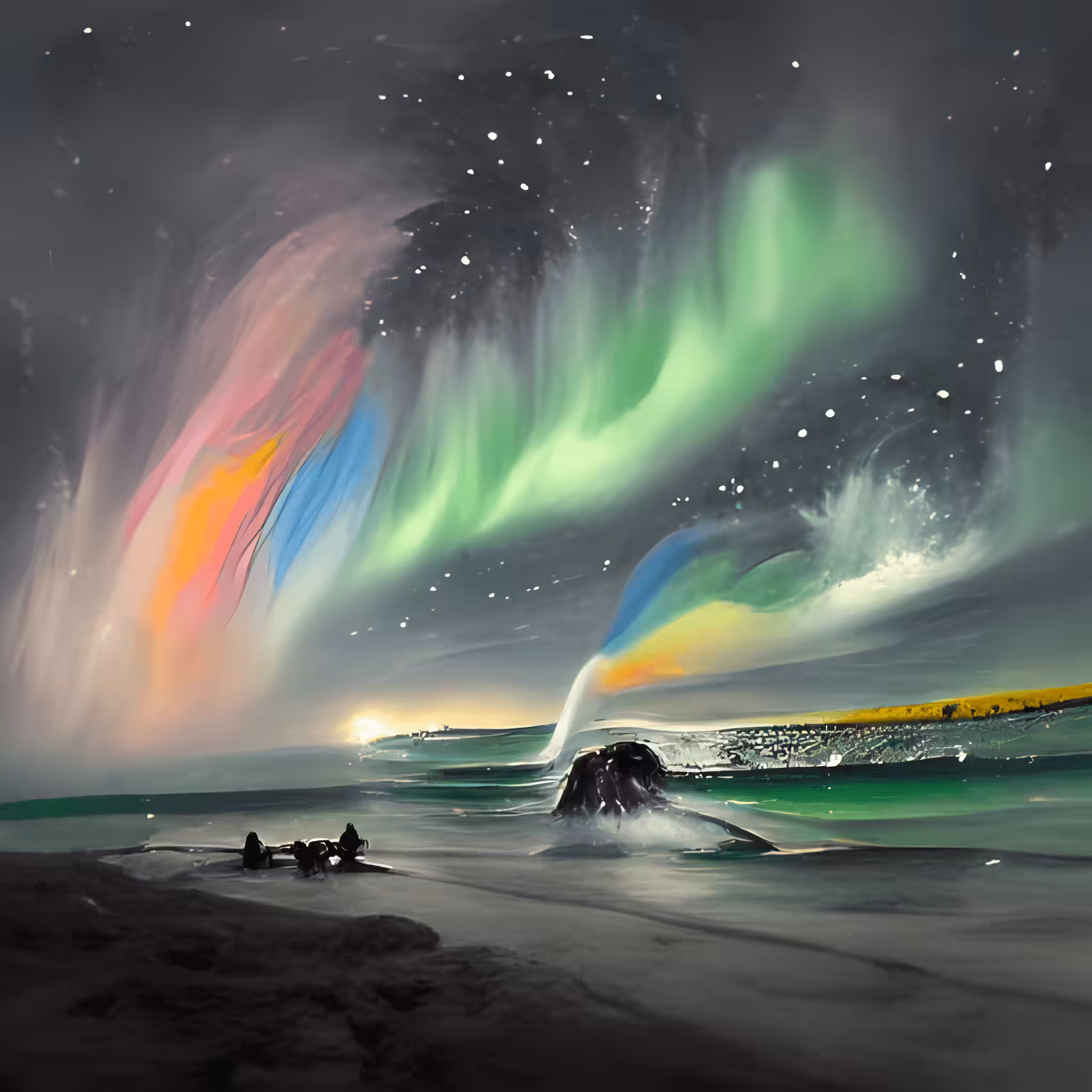 Aurora Borealis Over a Beach of Rainbow Waters