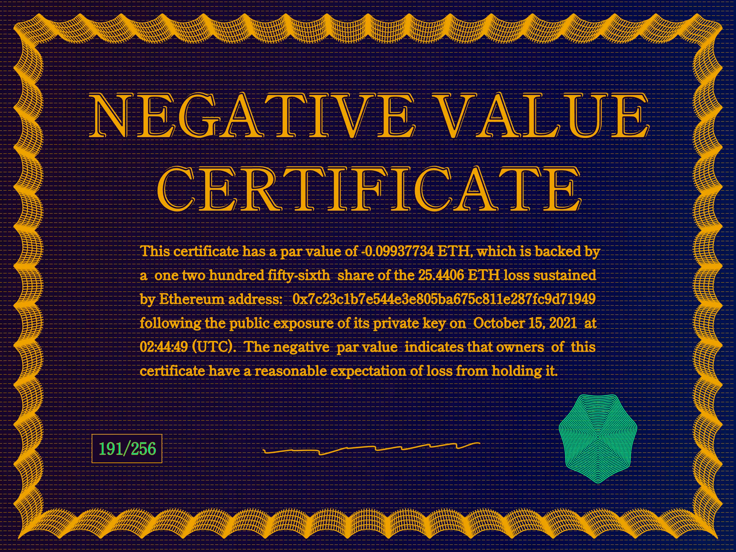 Negative Value Certificate #191 of 256