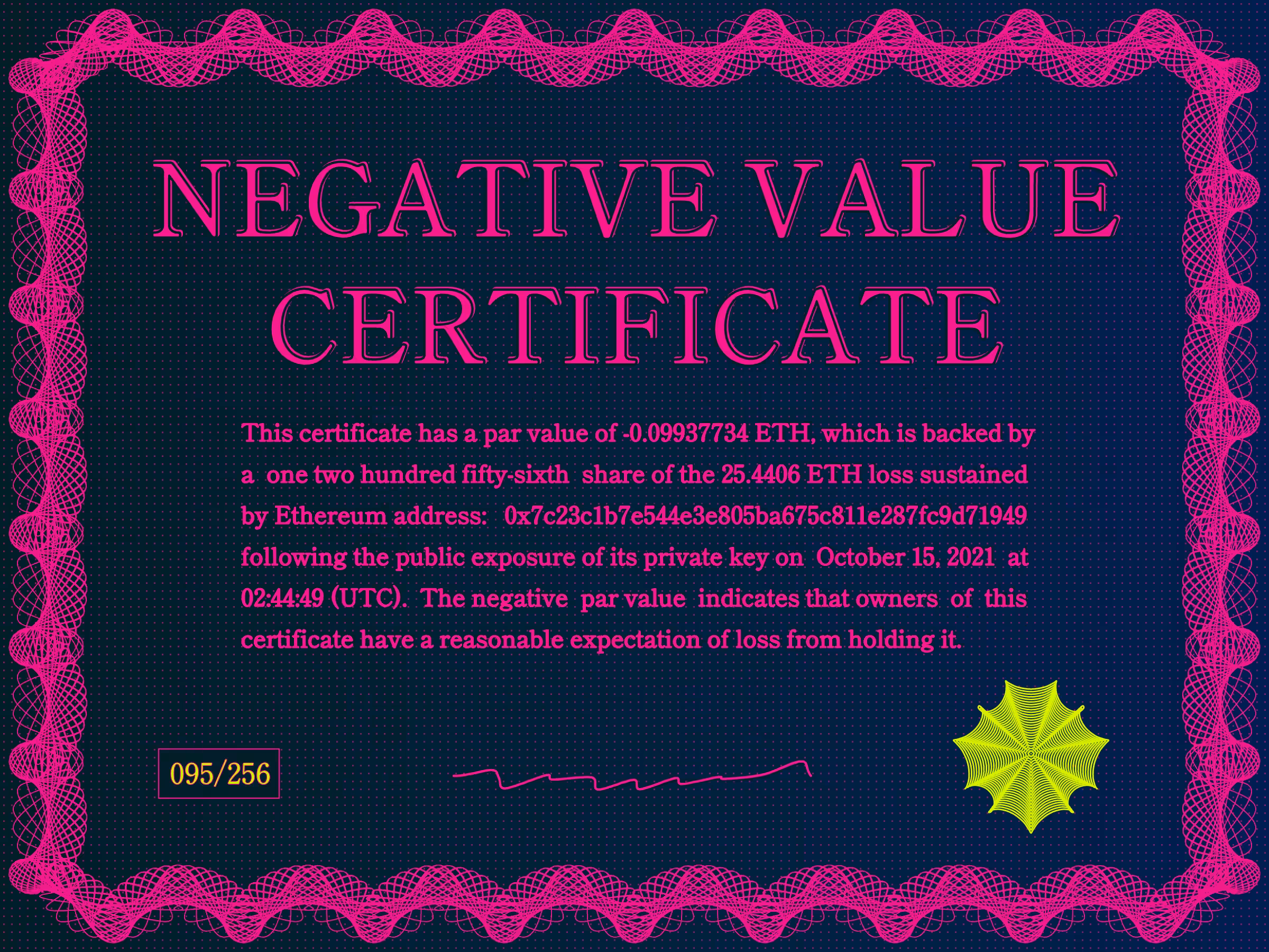 Negative Value Certificate #95 of 256
