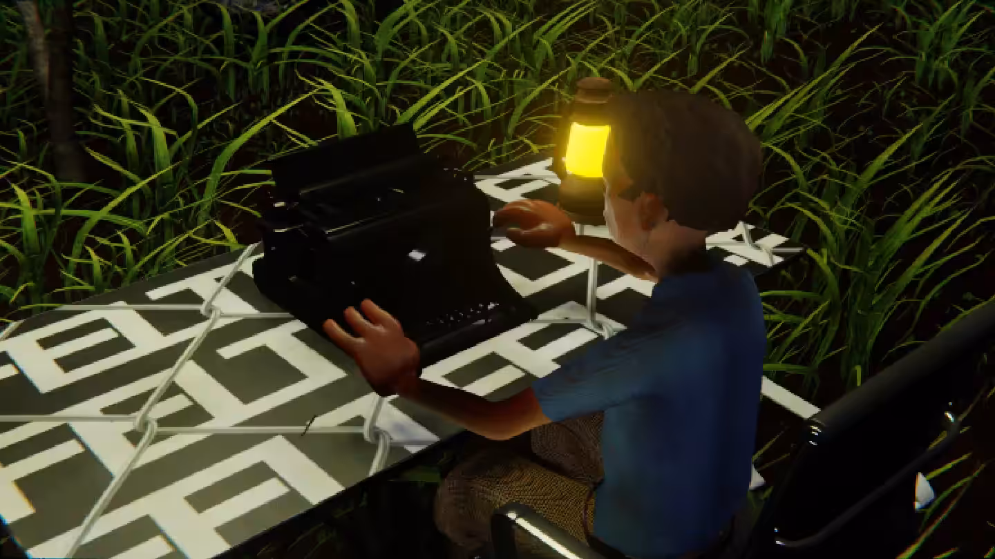 Desktop #11: The Developer in the Black Slim Chair With a Gas Lamp and a Typewriter on a Barbed Wire Table in The Forest