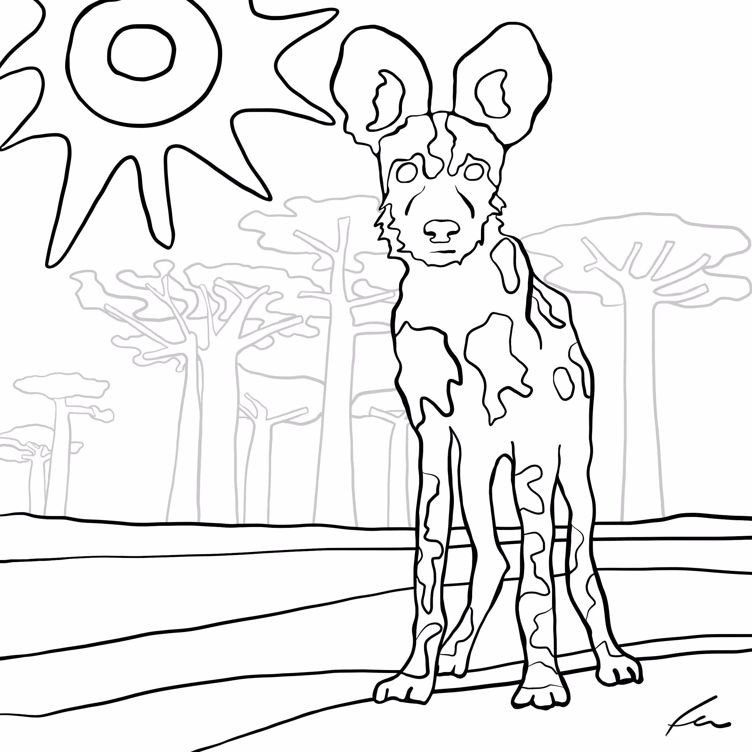 African Wild Dog - Endangered Species Coloring Page