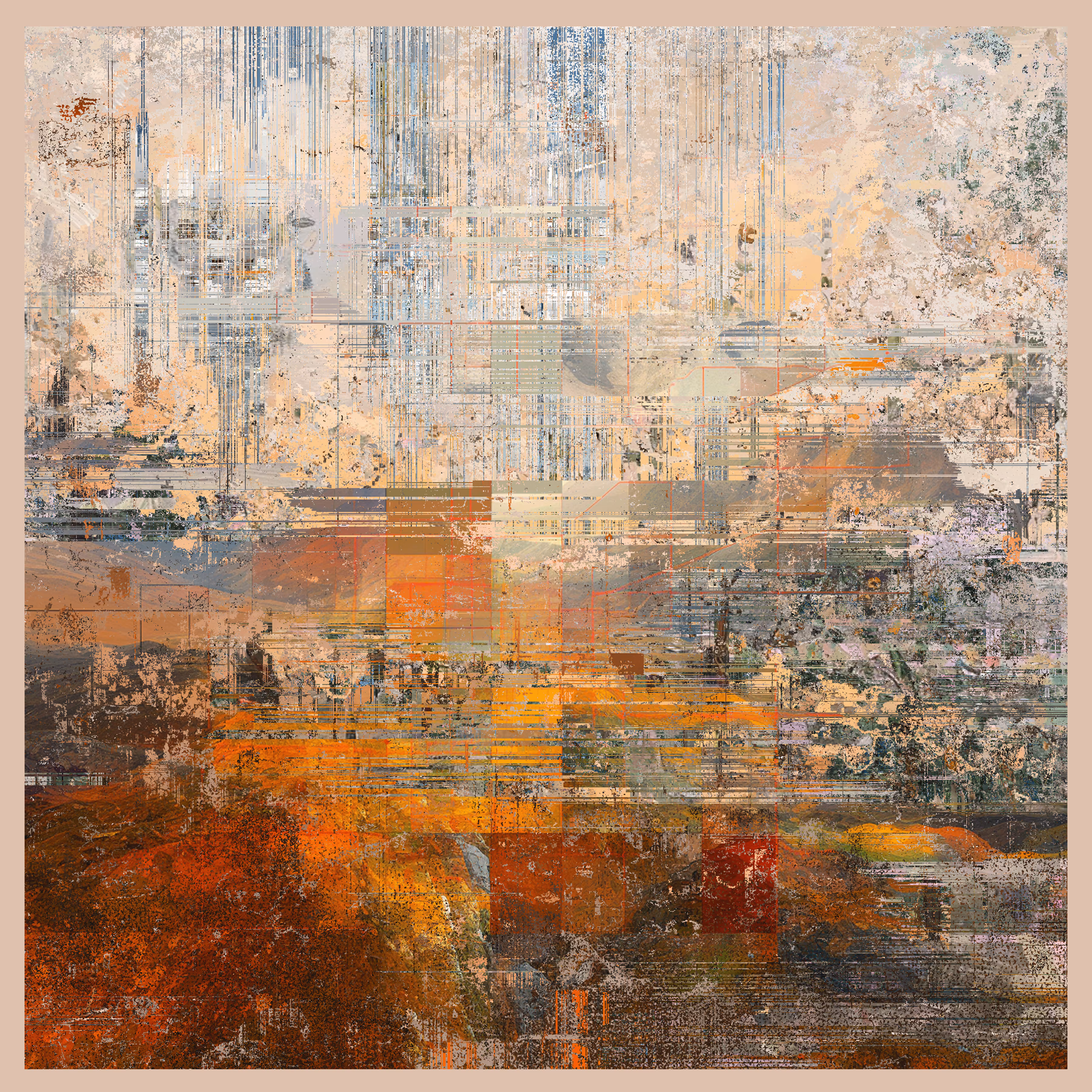 Depicting a gritty urban landscape and fragmented cityscape in tones of orange, brown, red, green, blue, and grey