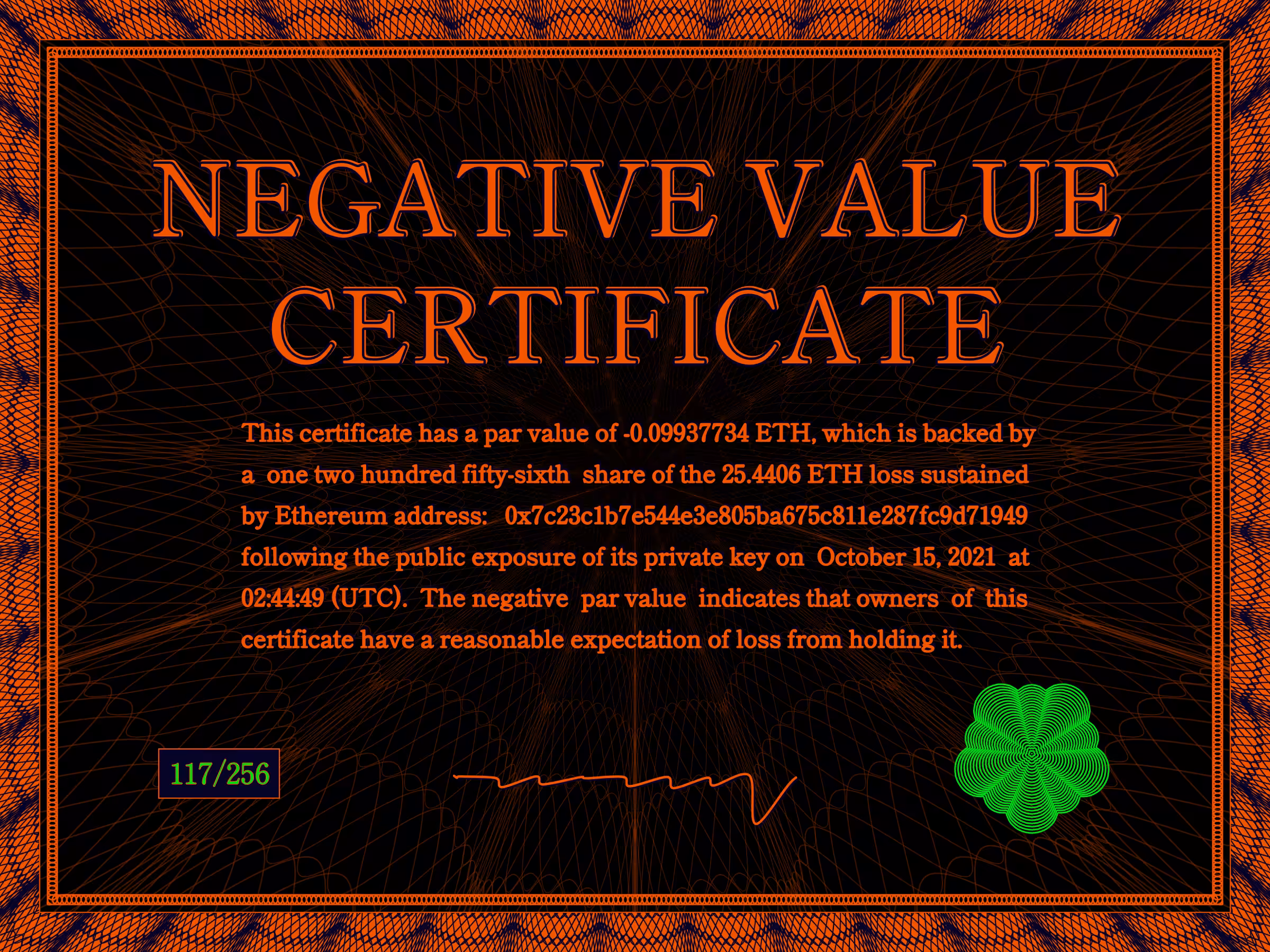 Negative Value Certificate #117 of 256