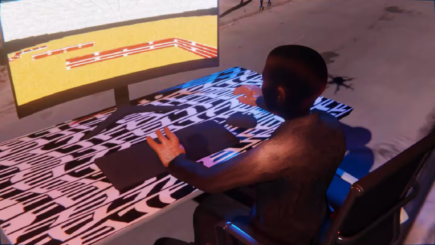 Desktop #313: The Business in the Black Slim Chair With a Drone and a Maze Monitor on a Pattern Table in Conflict
