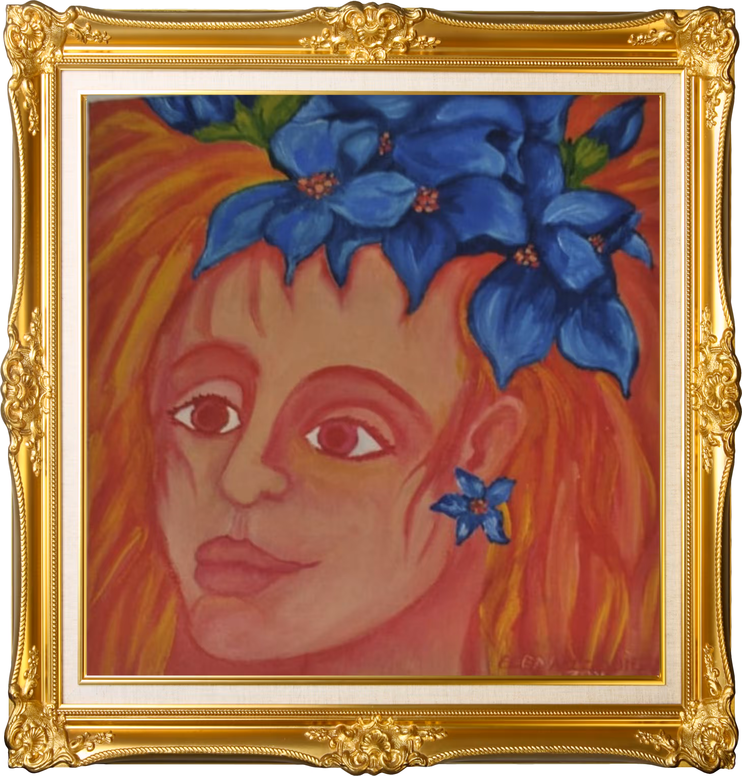 Woman Red with Blue flowers