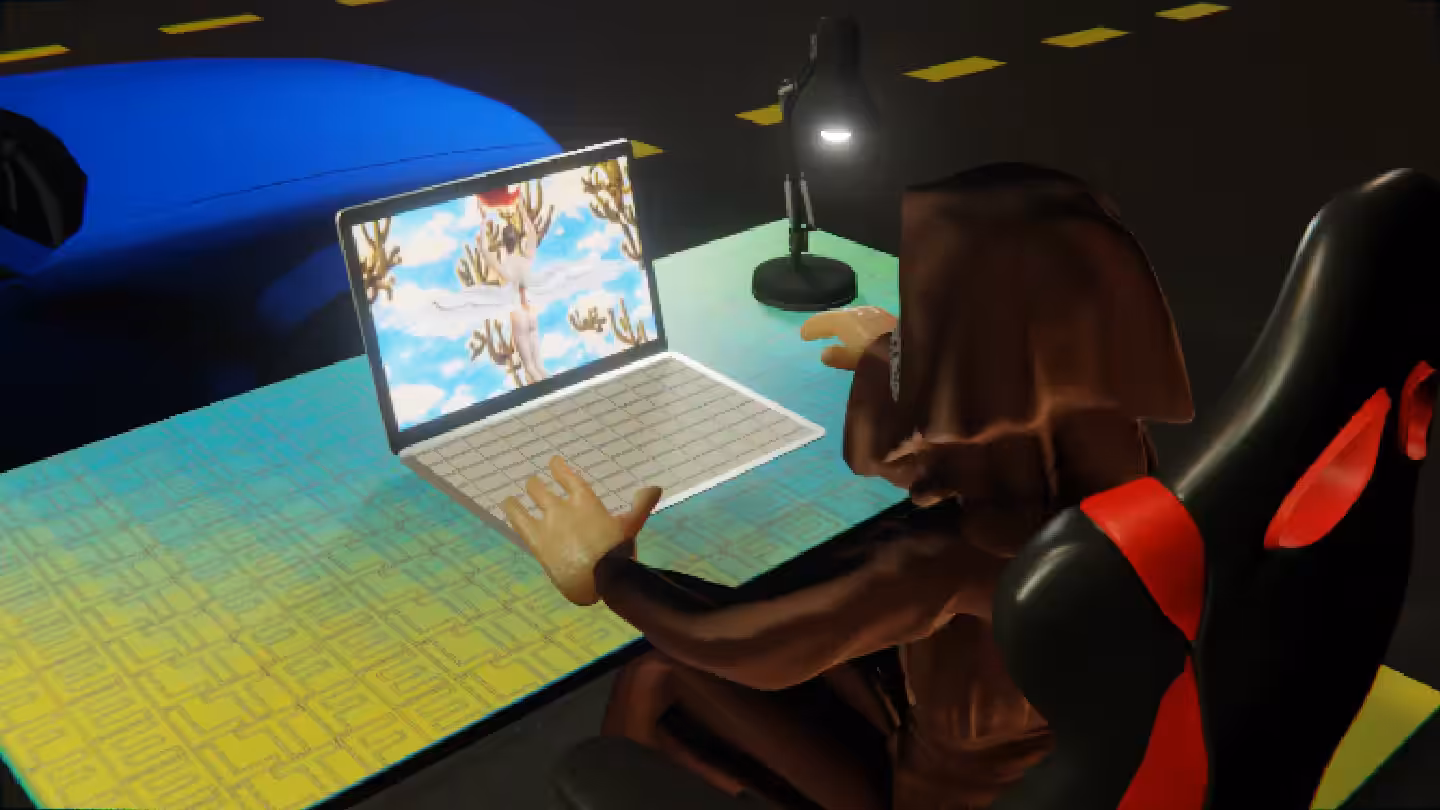 Desktop by Felt Zine: Desktop #114: The Guru in the Gaming Chair With a Desk Lamp and a Gardens Monitor on a Green FELT Zine Table in The Streets