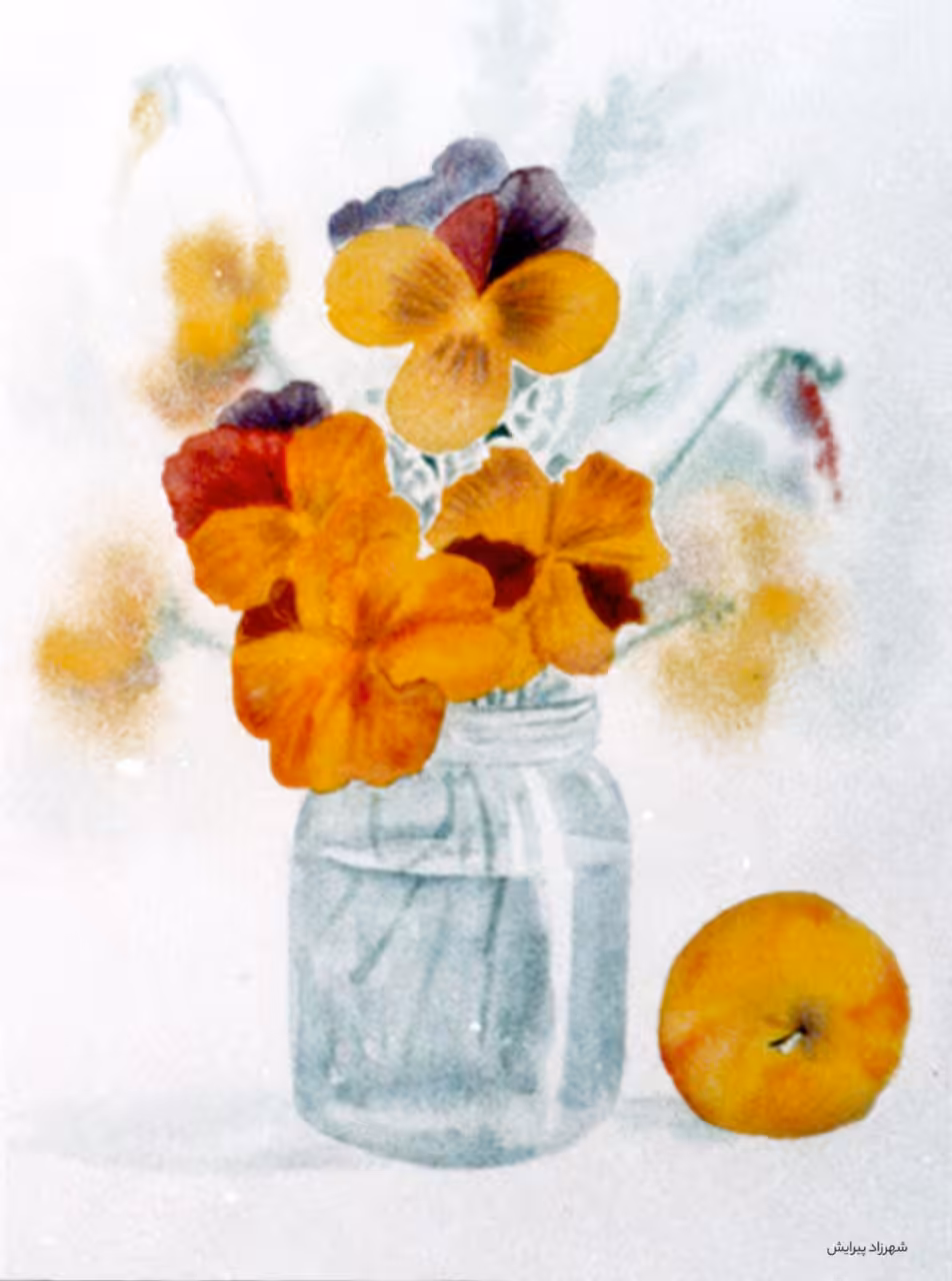 BEAUTIFUL VIOLETS IN JAR AND APPLE