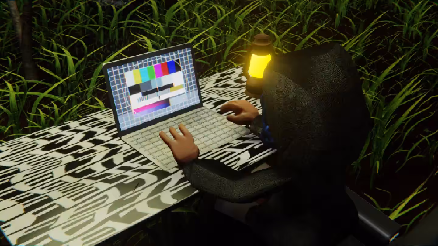 Desktop #116: The Hacker in the Eames Chair With a Gas Lamp and a Please Stand By Monitor on a Pattern Table in The Forest