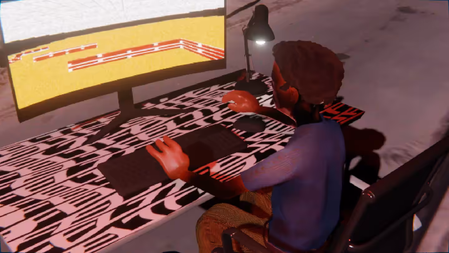 Desktop #3: The Developer in the Black Slim Chair With a Desk Lamp and a Maze Monitor on a Pattern Table in Conflict