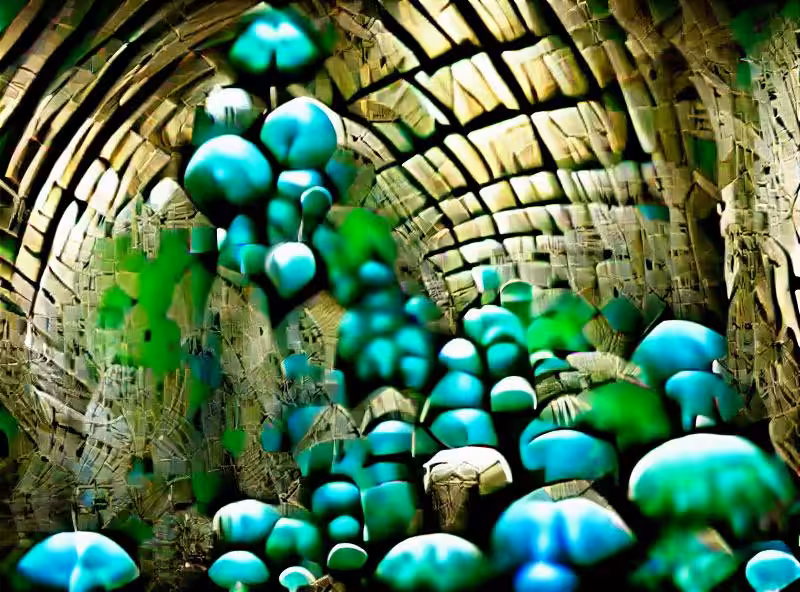 Abraham's First Works: glittering blue-green encrustations are gleaming on the ceiling of the fungus-covered tunnel walls with barrel distortion