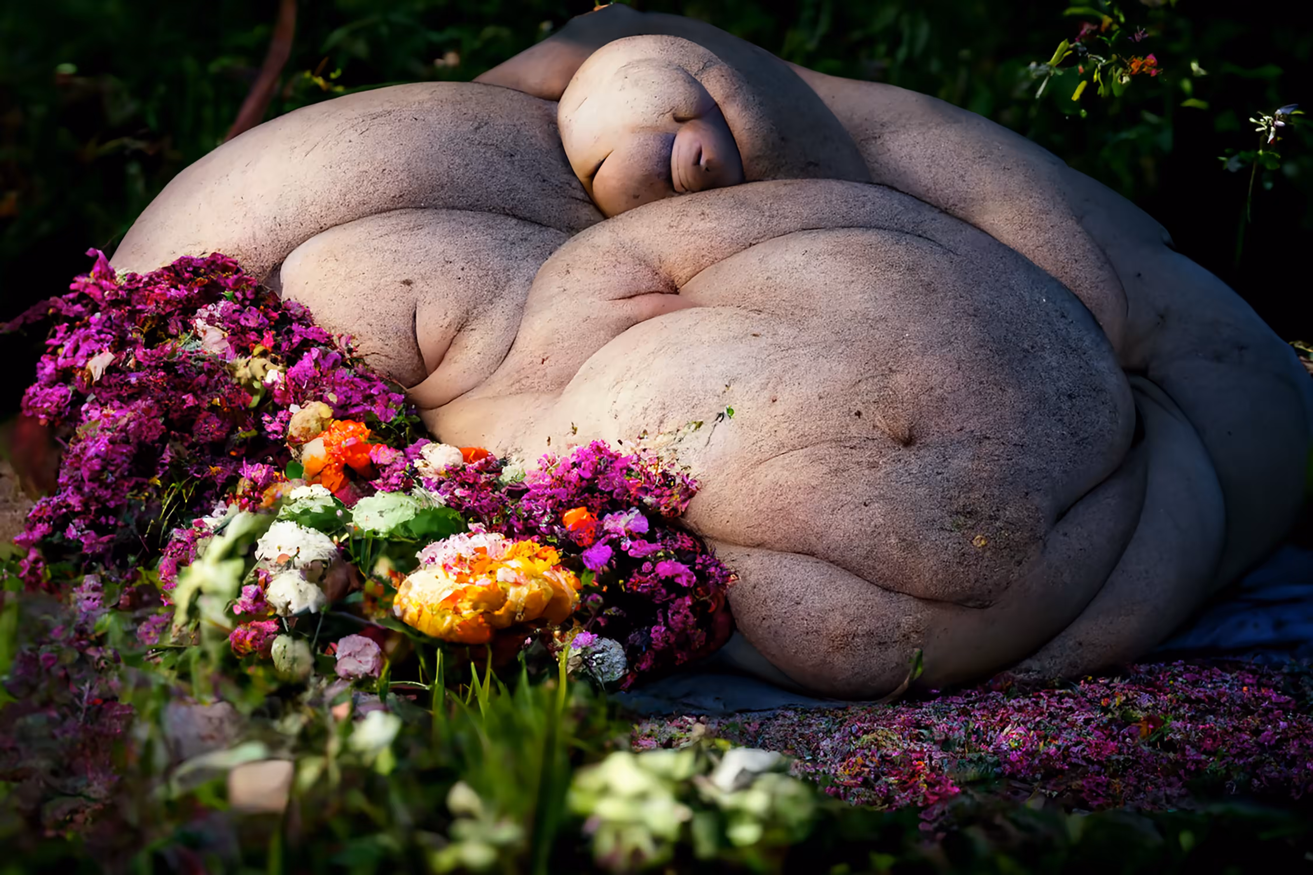Fat woman laying in a garden surrounded by flowers...