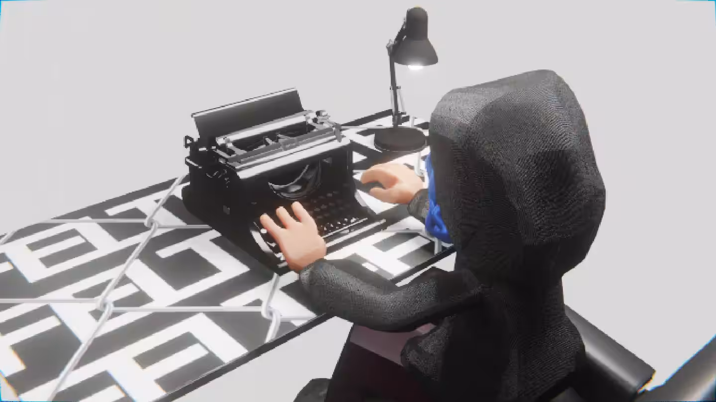 Desktop by Felt Zine: Desktop #225: The Hacker in the Eames Chair With a Desk Lamp and a Typewriter on a Barbed Wire Table in The Void