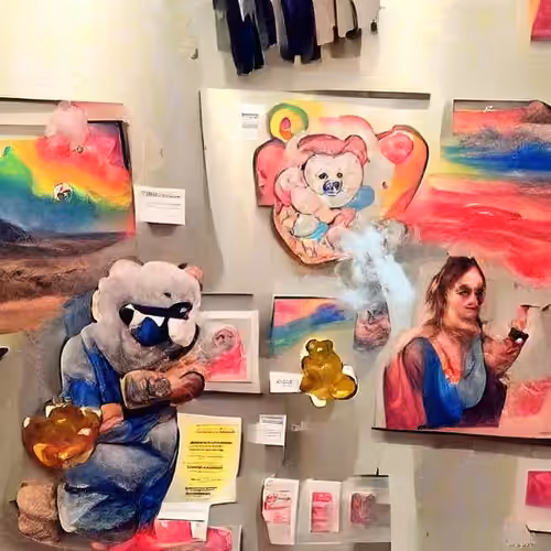 A care bear smoking meth and selling my art at a gallery