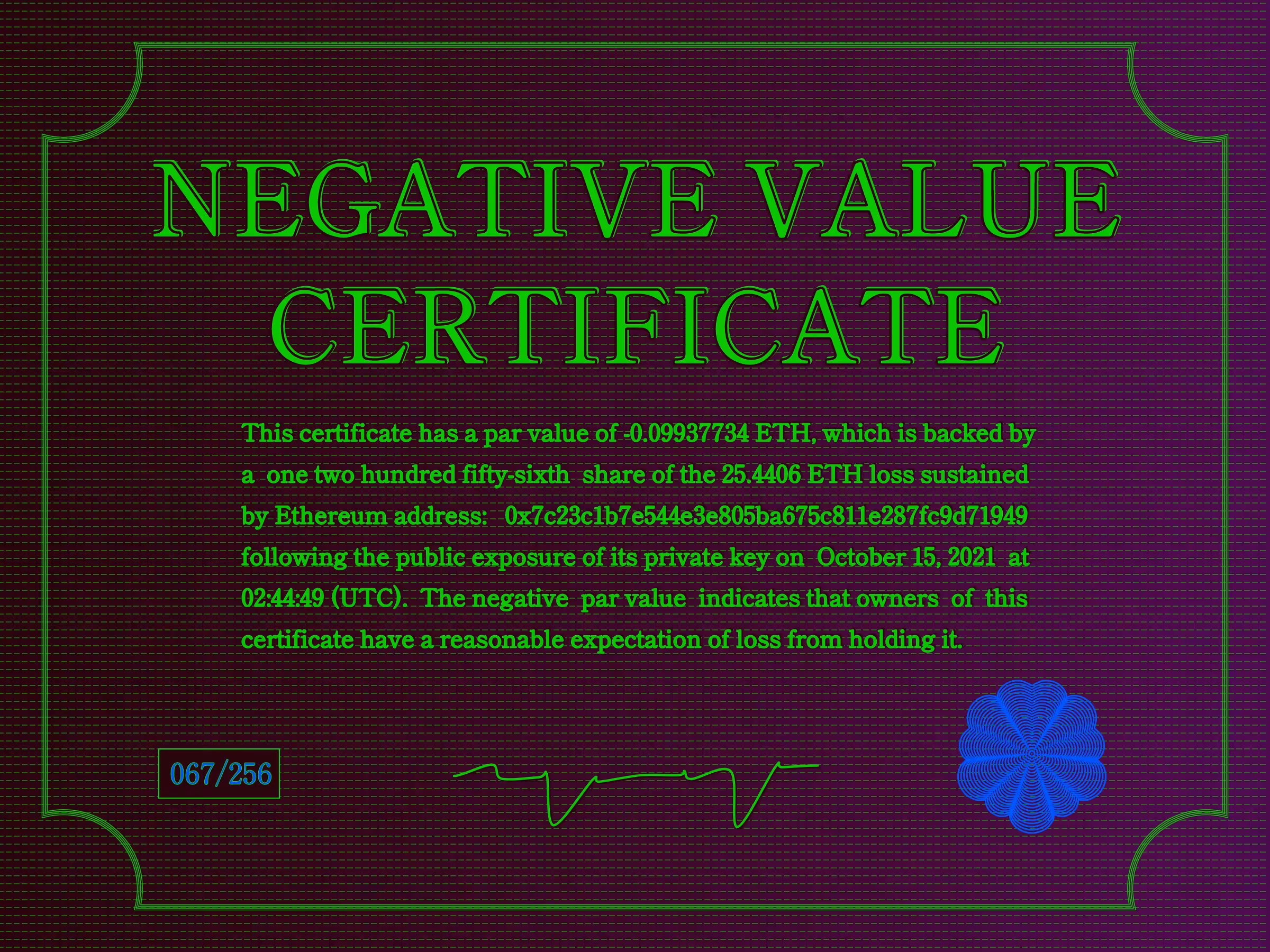 Negative Value Certificate #67 of 256