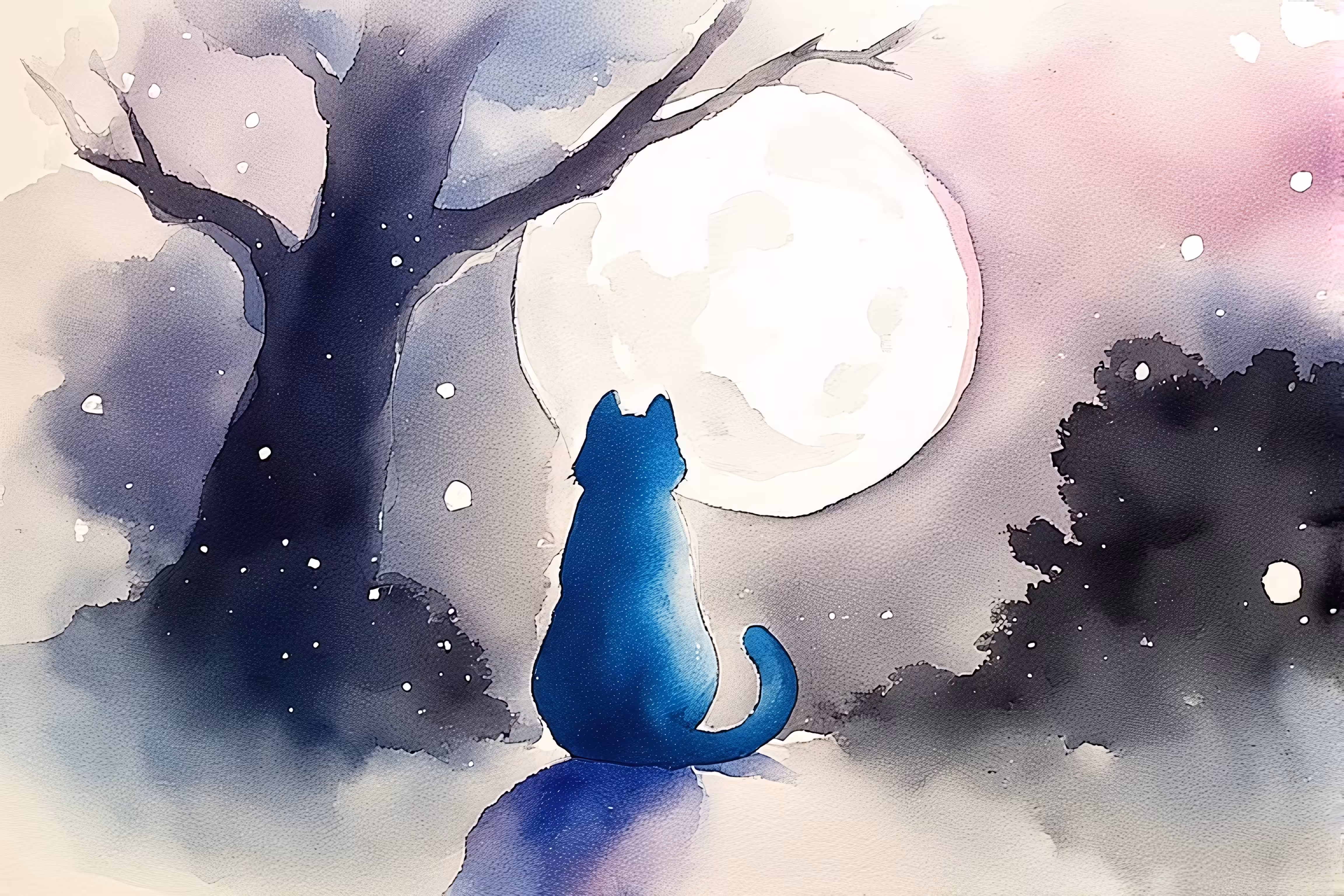 Blue Cat Under the Moon