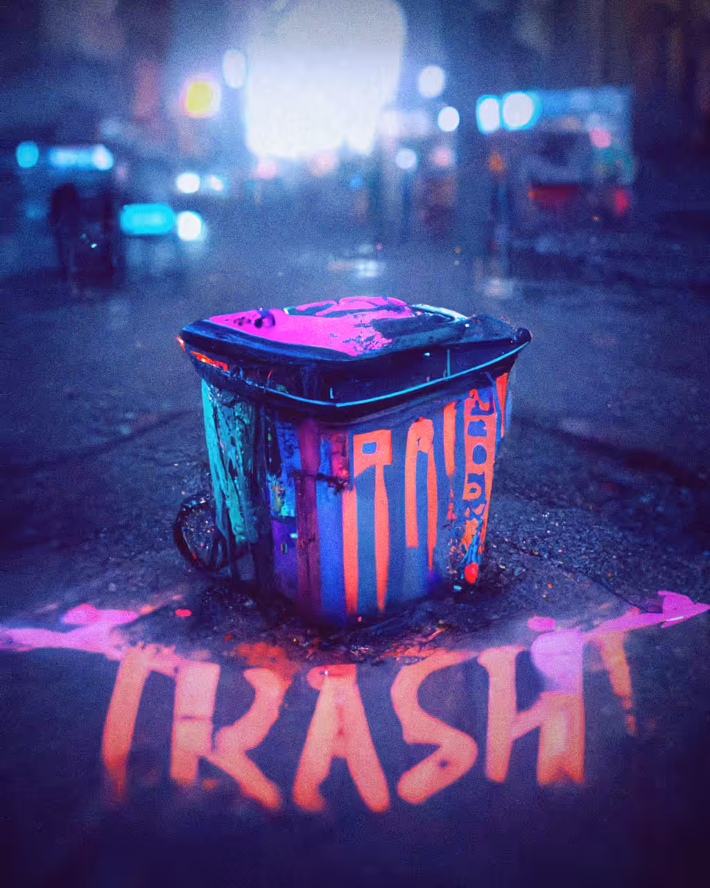 Trash can on a cyberpunk city street