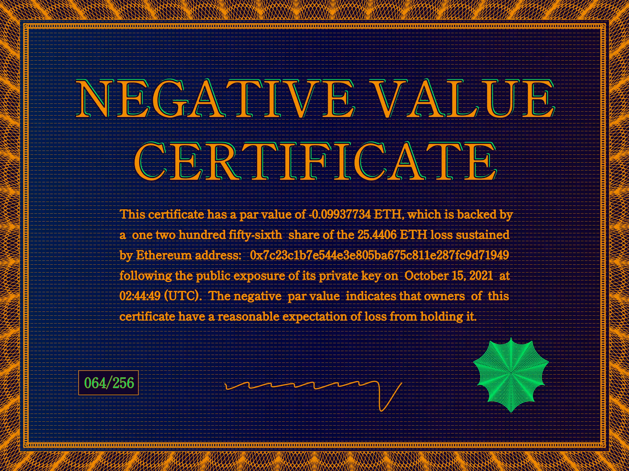 Negative Value Certificate #64 of 256