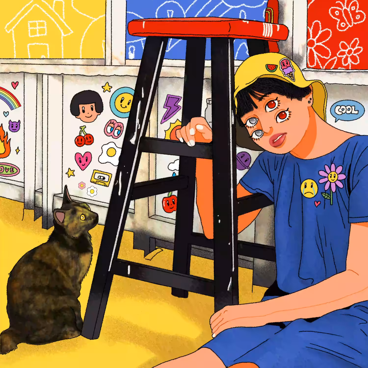 4 eyes girl and her cat