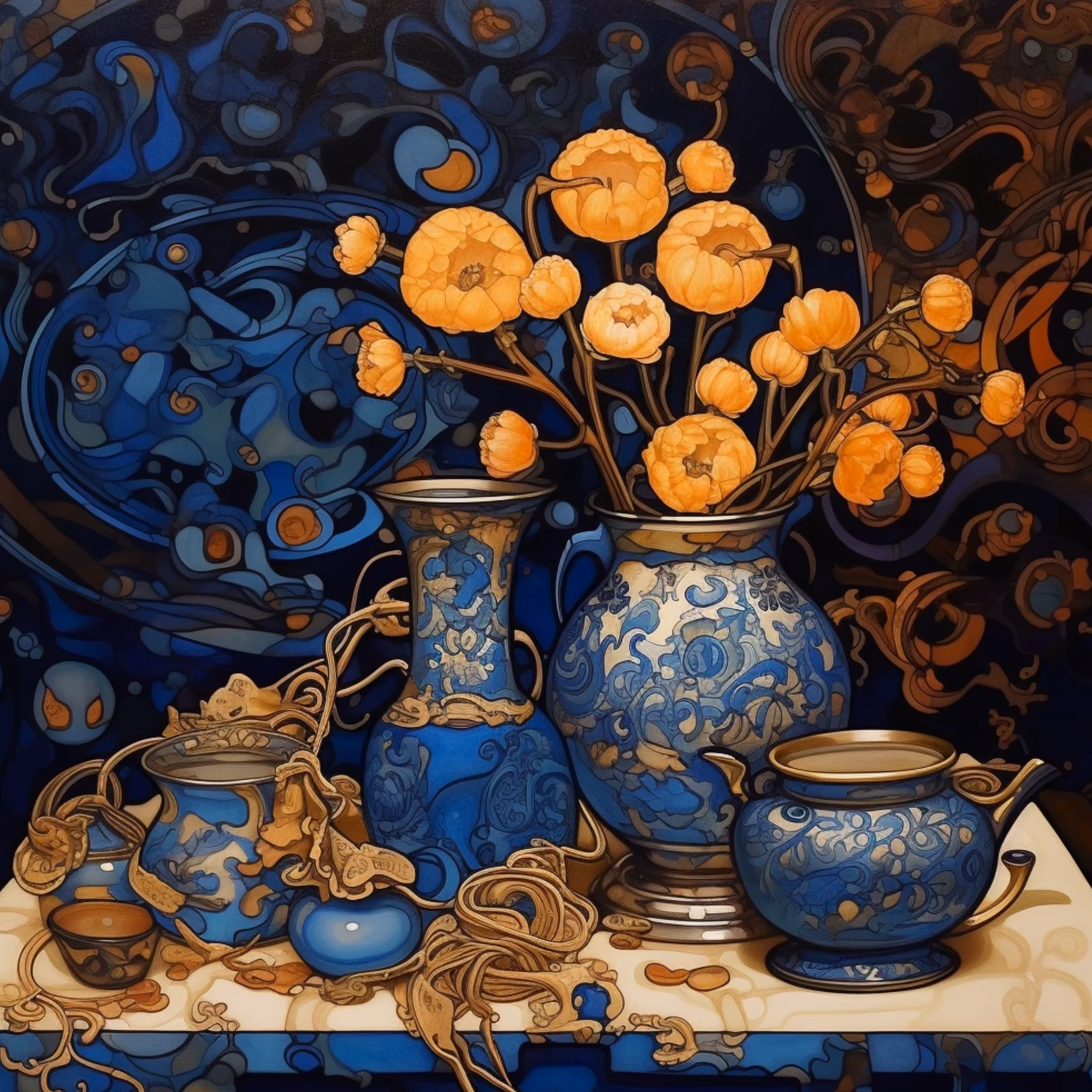 Blue vase. Yellow flowers