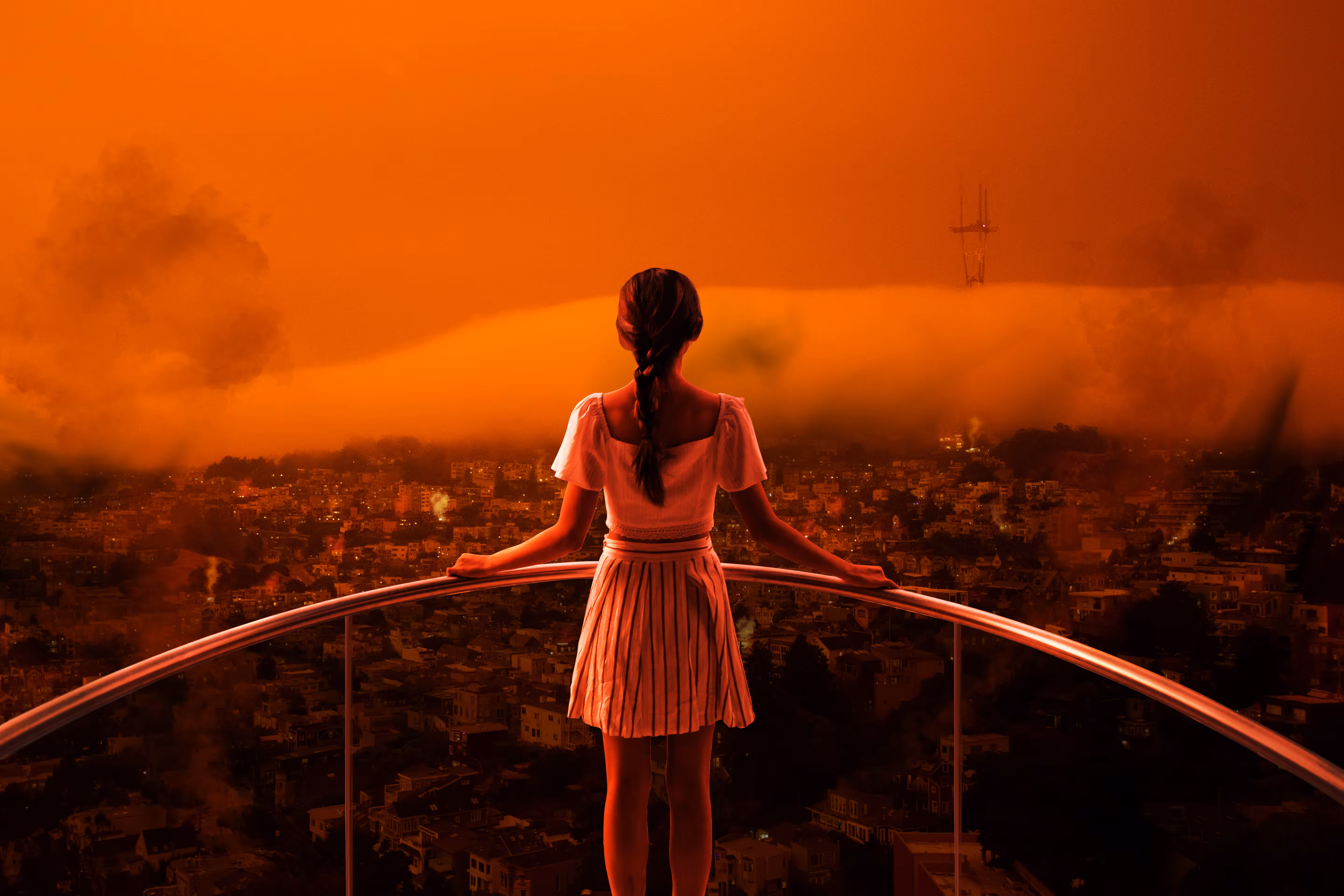in flames