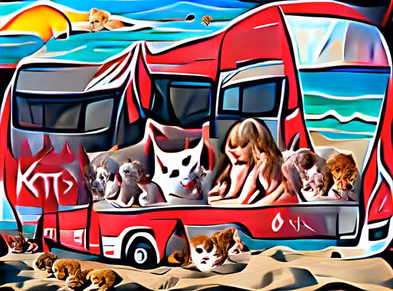 Abraham's First Works: The beginning of the summer on the beach a litter of kittens and puppies, a beautiful red tour bus hand painted details