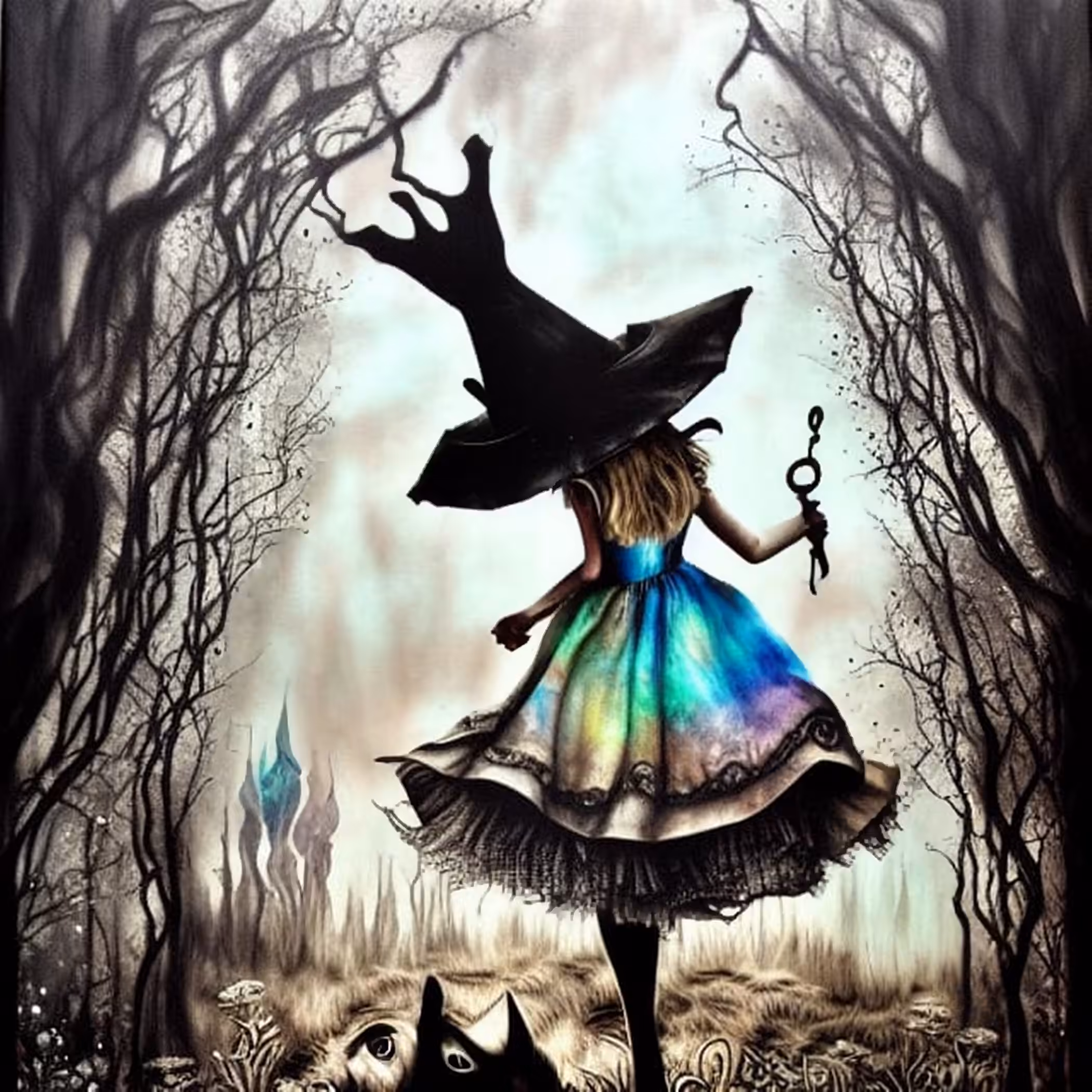 And Alice grew up, and with her the Wonderland became shady, and bare, and dark, and ominous, only a faded color on her skirt reminds what used to be and what she dreams of bringing back to life