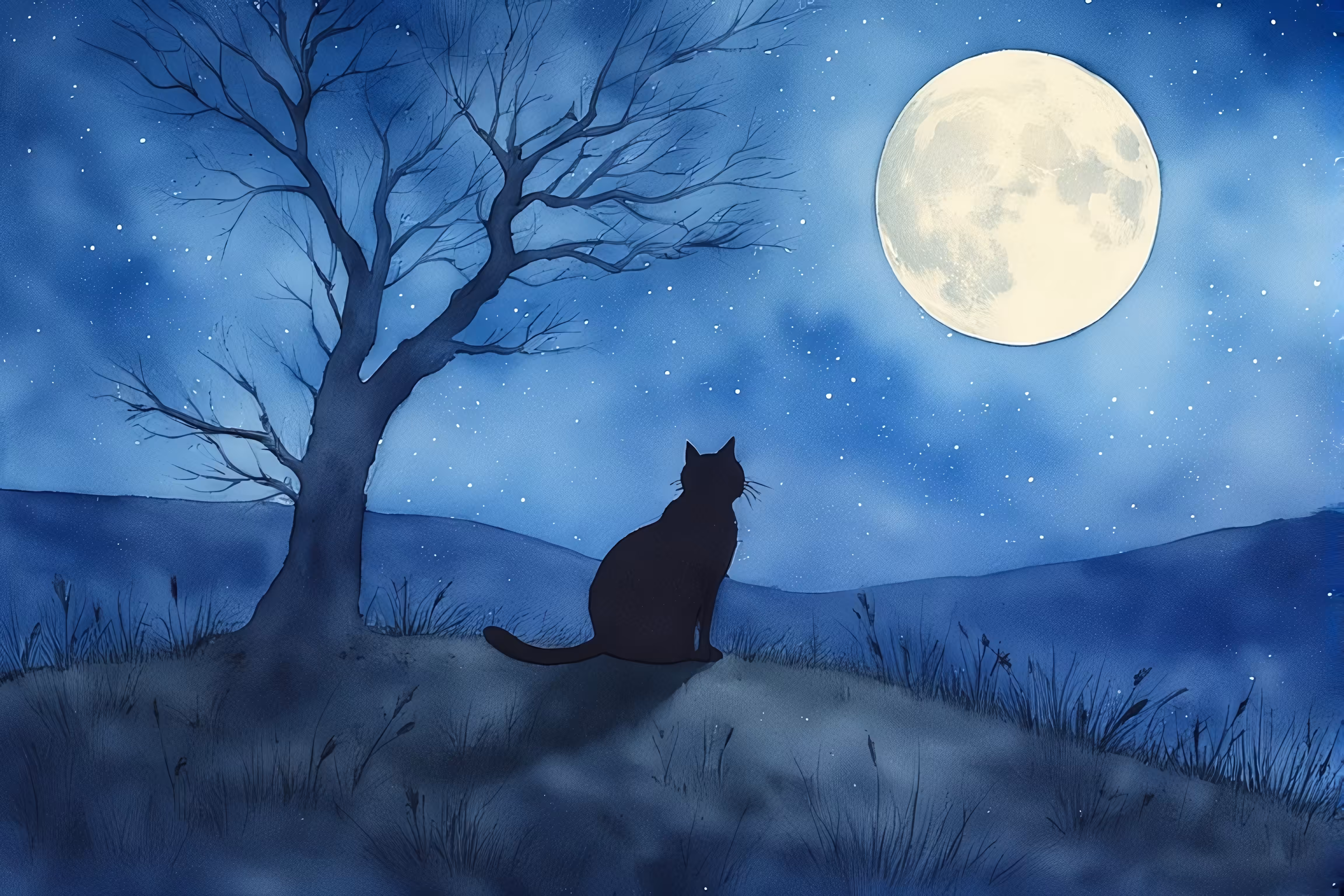 The Silent Sentinel: A Black Cat's Moonlit Vigil