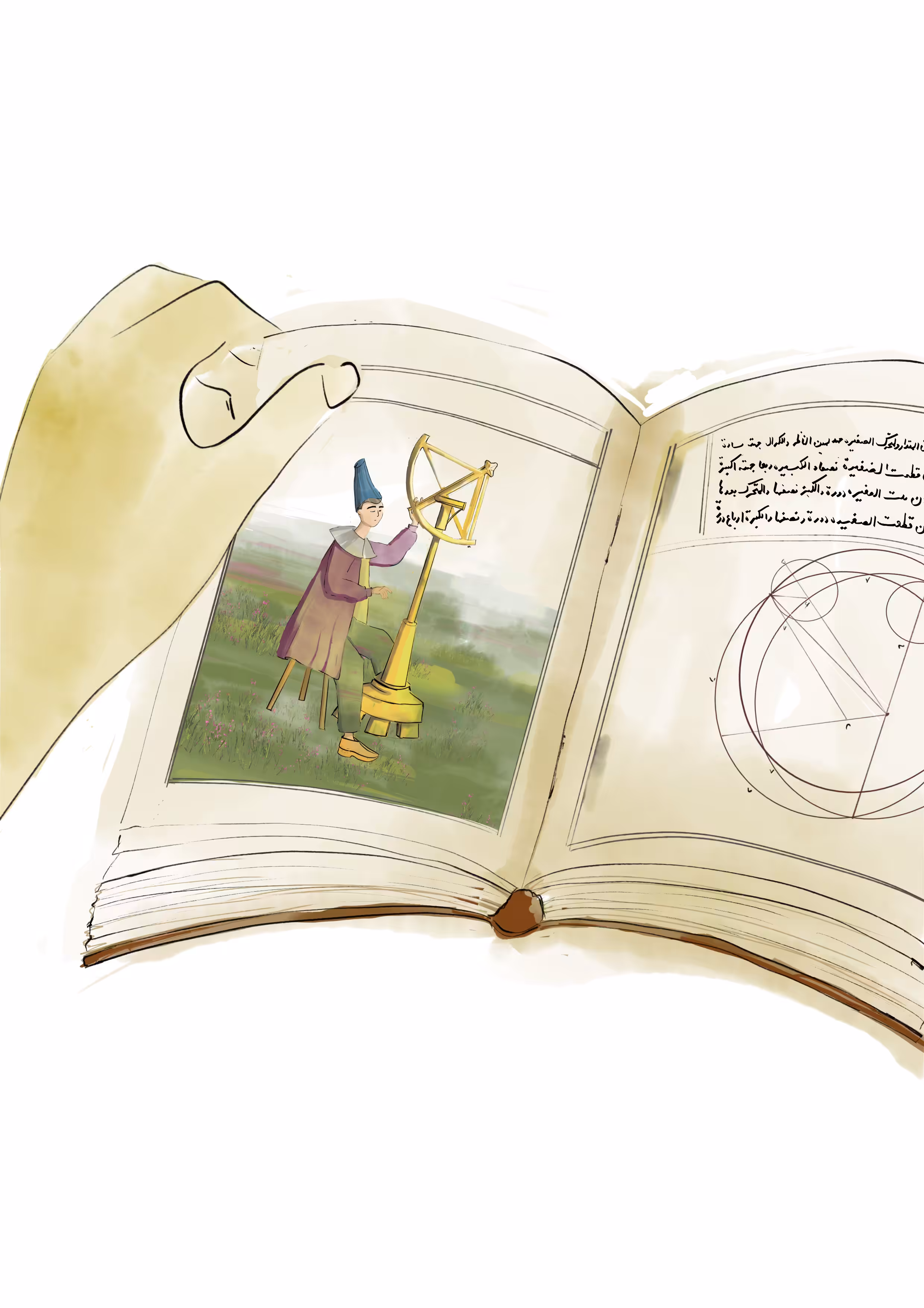 They look at The image of ancient astronomer in the book.