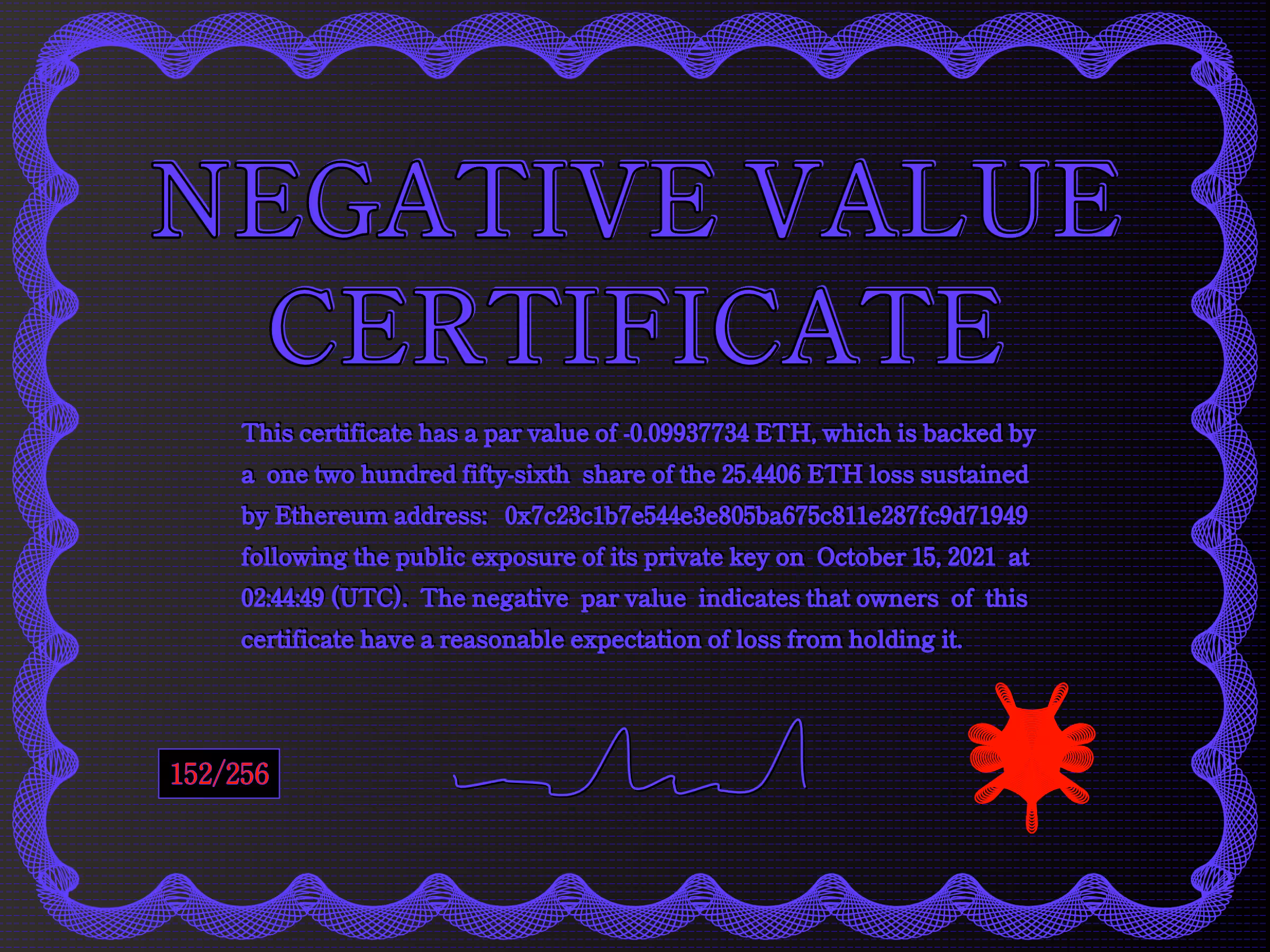 Negative Value Certificate #152 of 256