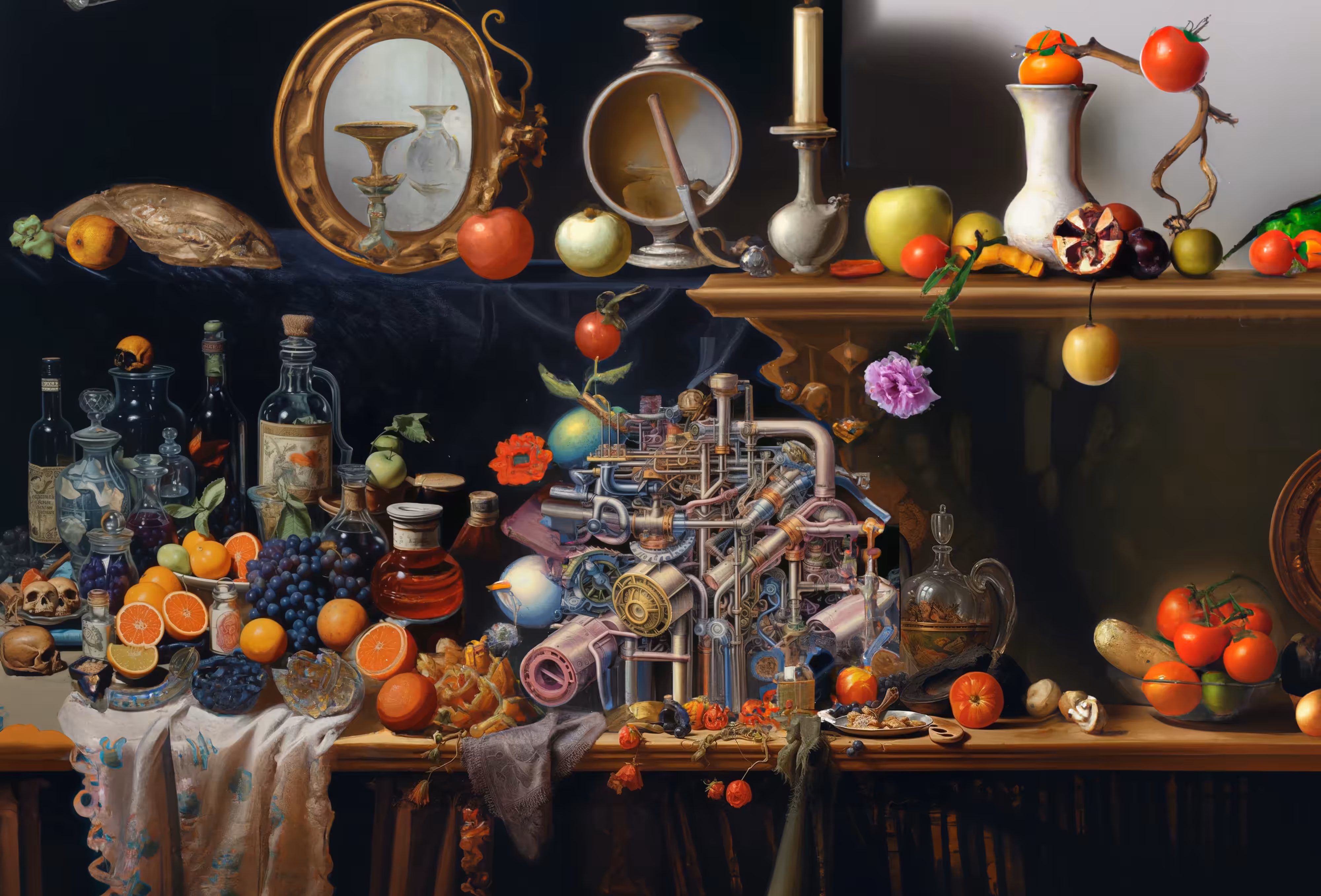 car parts and fruits vanitas 