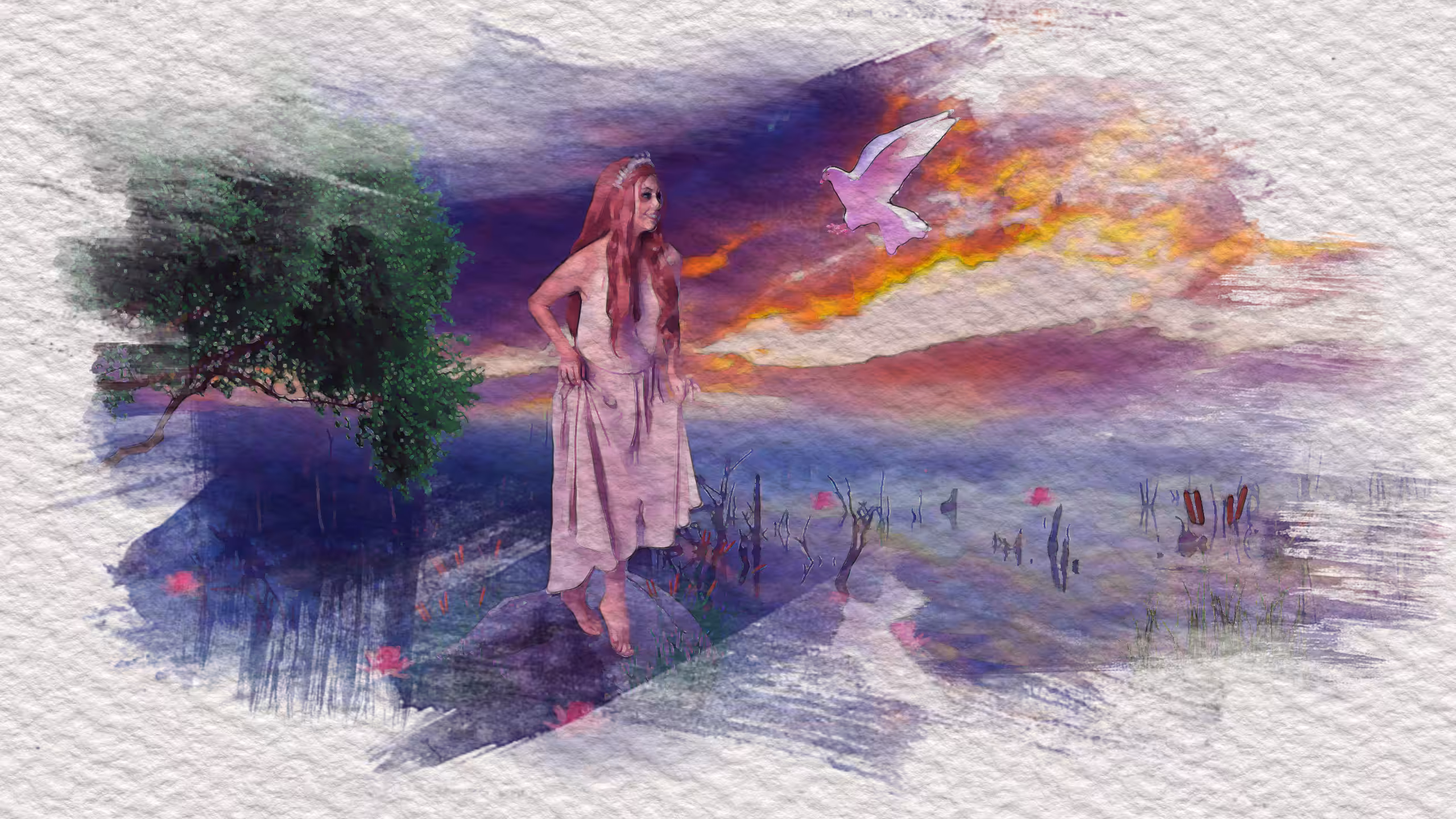 Water color painting of a woman near lake