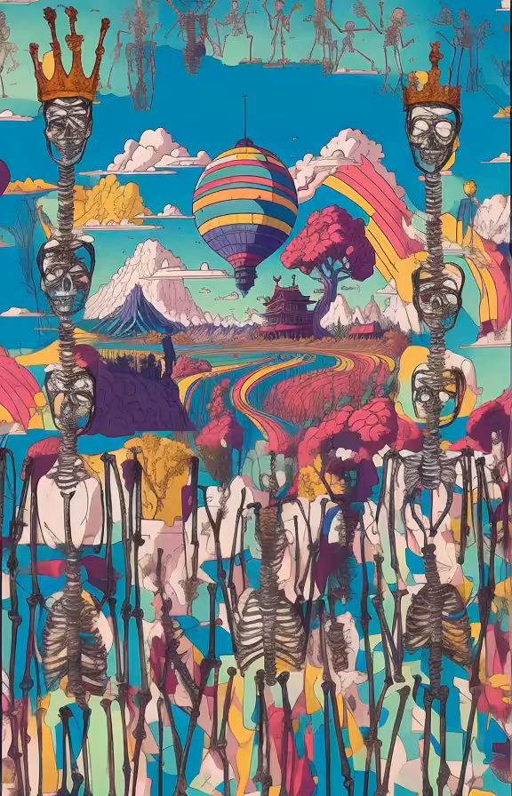 ''a painting of a group of skeletons in a field with hot air balloons in the sky in the background''11!!0001!
