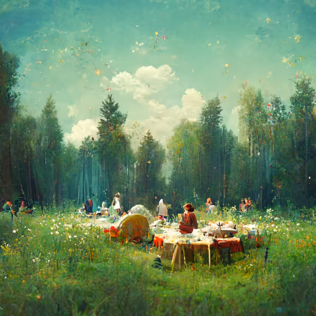 Whimsical Picnic in a Meadow Surrounded by Forests