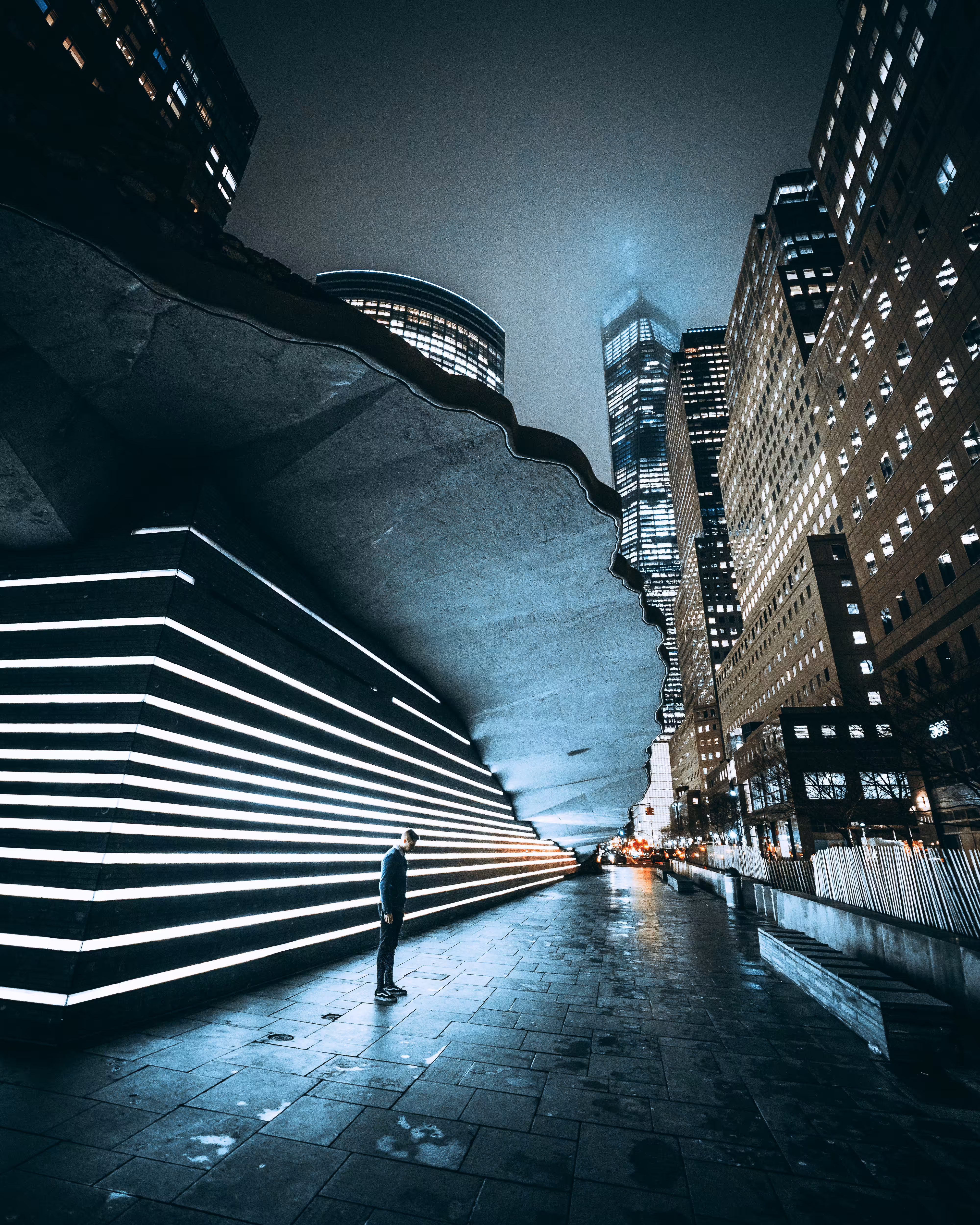 A wide view of NYC misty night