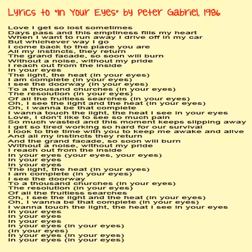 Lyrics to "In Your Eyes" by Peter Gabriel, 1986