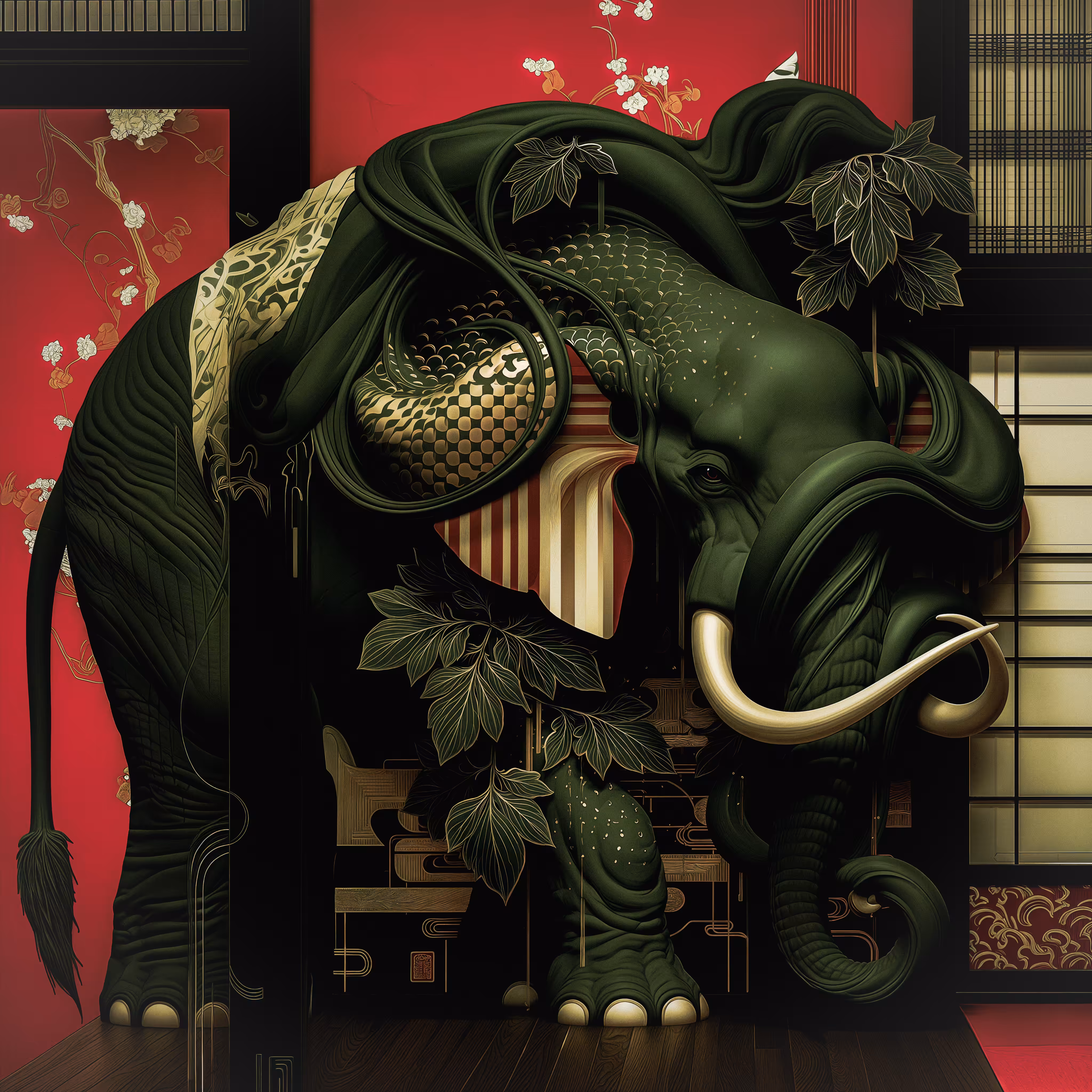 An Elephant in a Forest-Themed Japanese Room