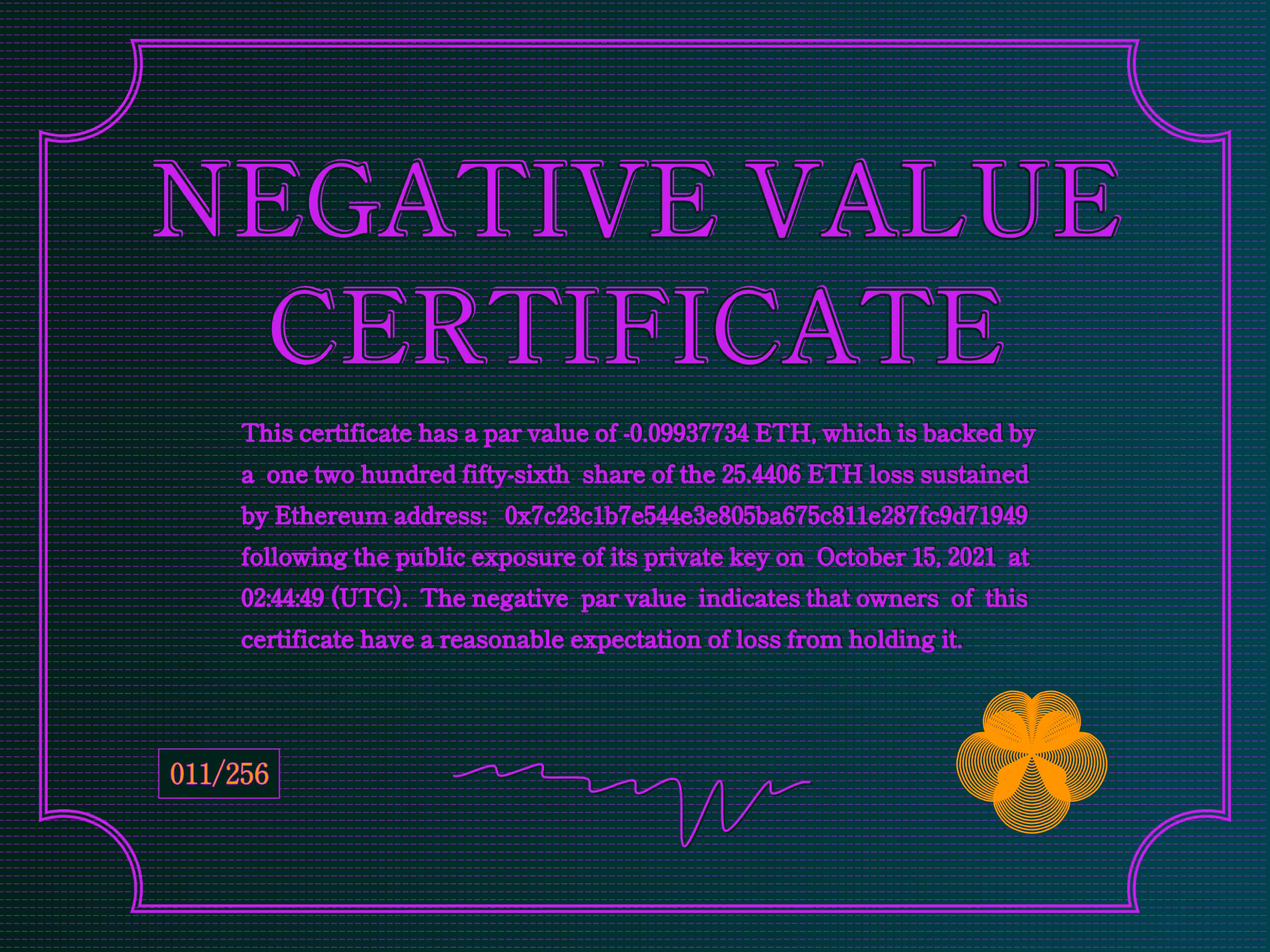 Negative Value Certificate #11 of 256