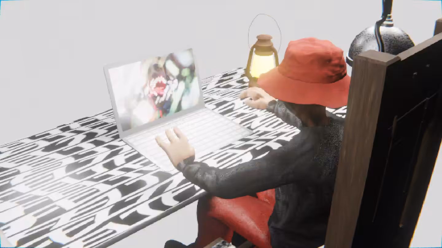 Desktop #185: The Hypebeast in the Electric Chair With a Gas Lamp and a Algo Lite Macbook on a Pattern Table in The Void