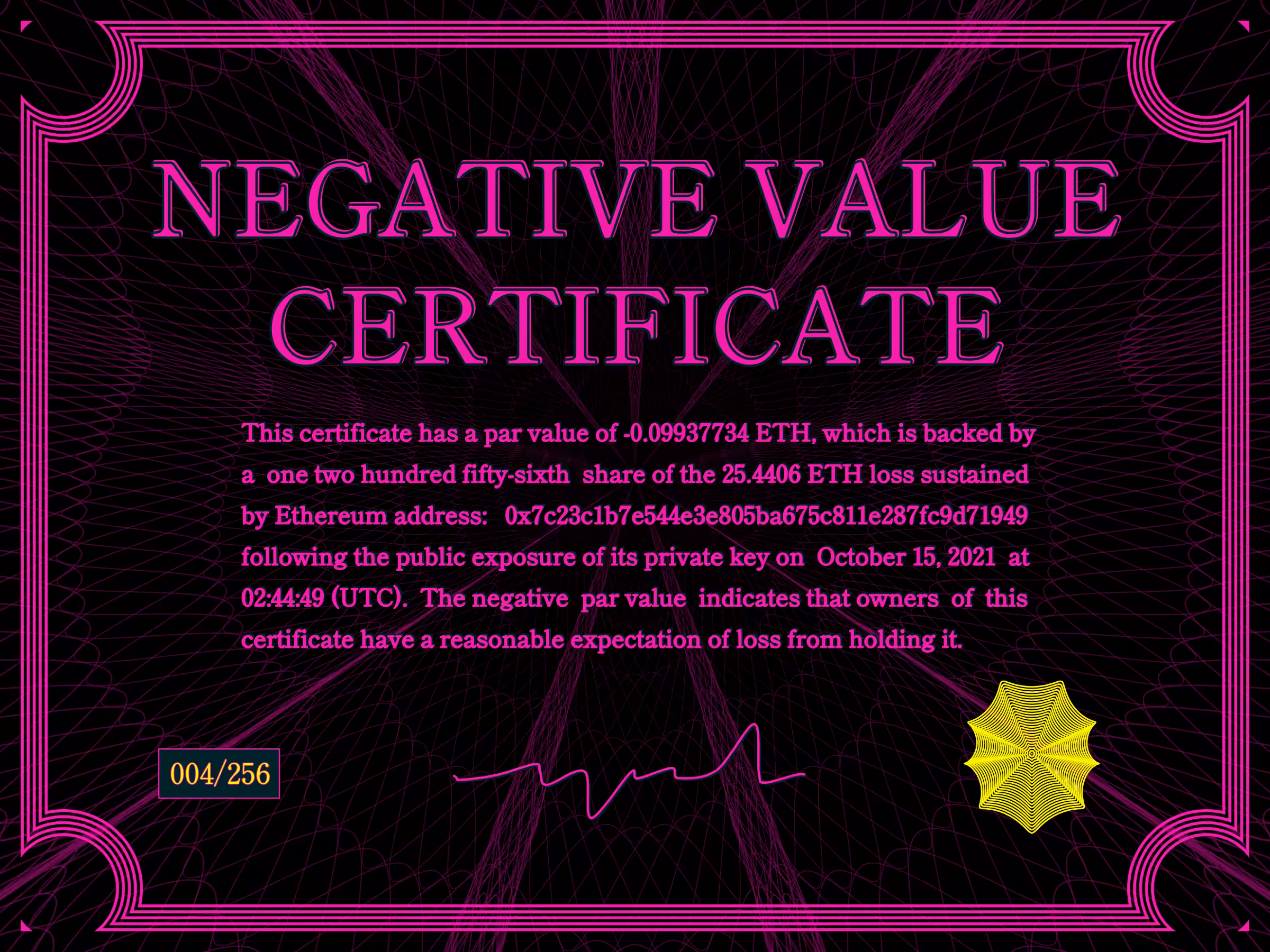 Negative Value Certificate #4 of 256