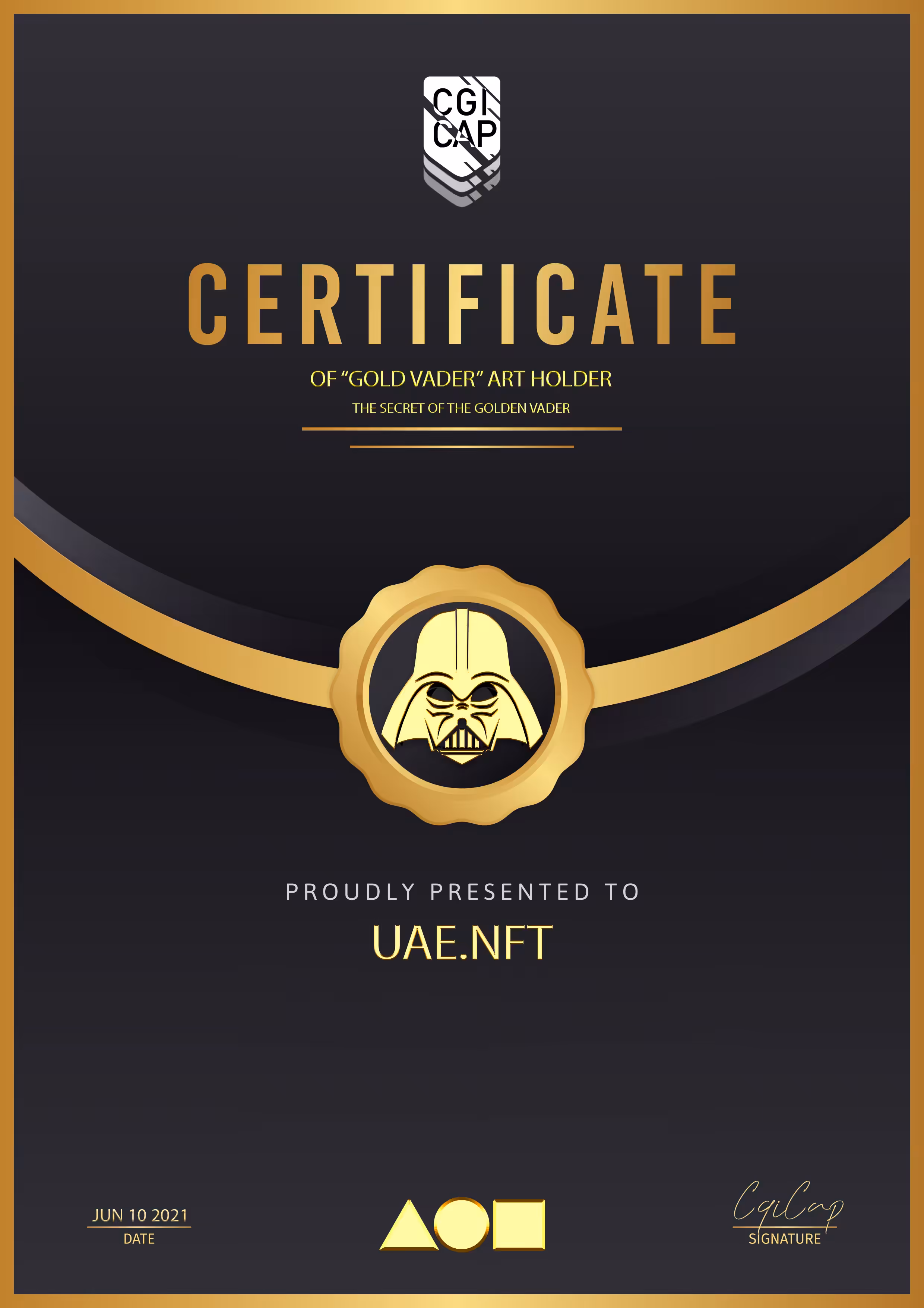 CERTIFICATE OF "GOLD VADER" ART OWNER