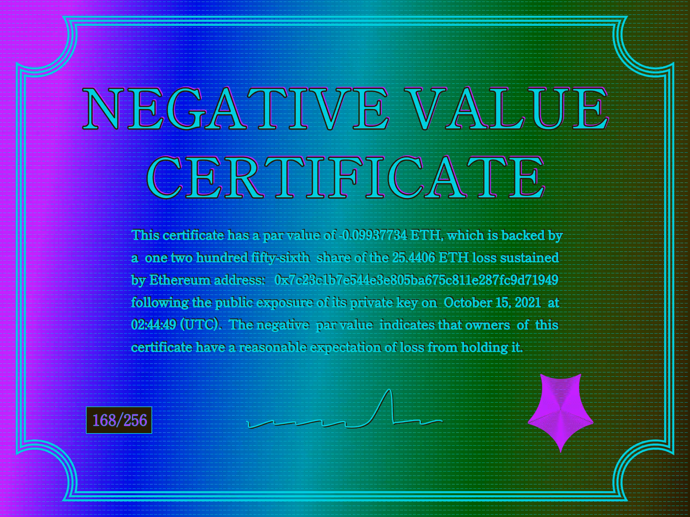 Negative Value Certificate #168 of 256