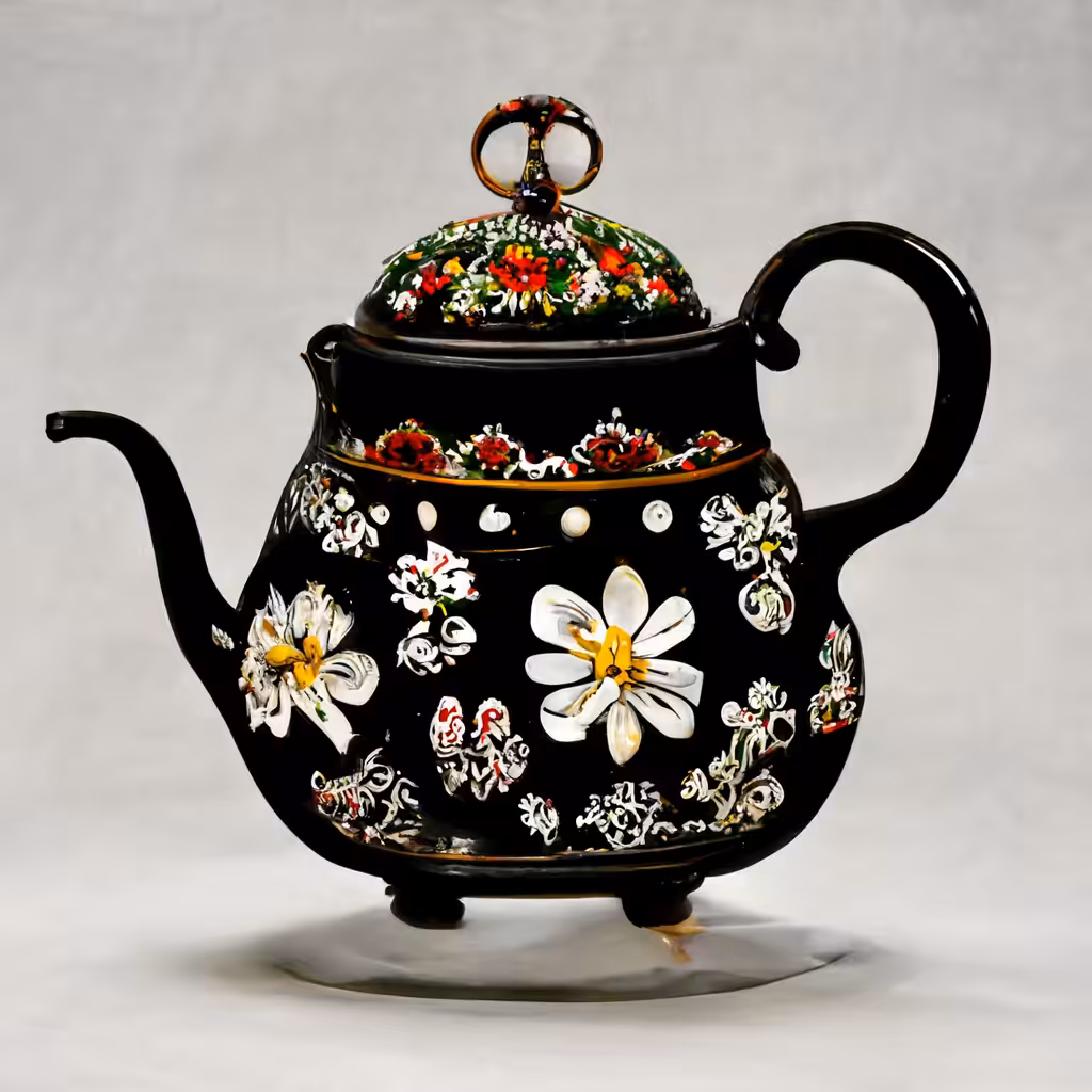 black porcelain teapot with daisy flower design
